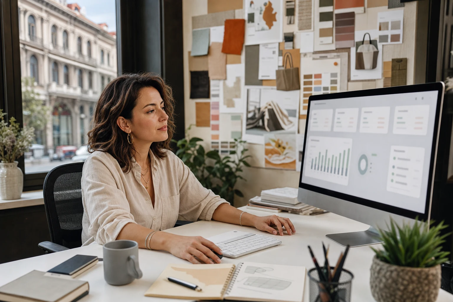 Fiverr ajansları için W-8BEN-E — Eskişehir'de küçük bir pazarlama ajansının yaratıcı direktörü büyük bir monitörde Fiverr Business ödeme panelini incelerken, yanında kumaş örnekleri ve marka maketleriyle dolu bir moodboard asılı