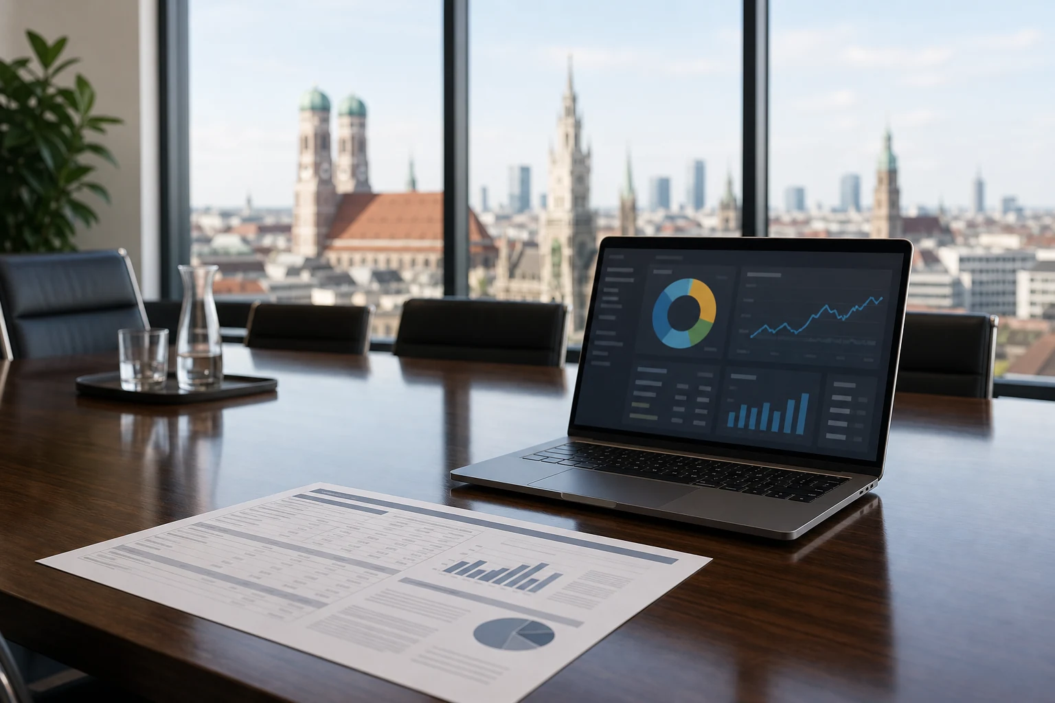 W-8BEN-E für Holdinggesellschaften — ein moderner Sitzungssaal in München, eine ausgedruckte US-Broker-Dividendenabrechnung auf dem Tisch neben einem Laptop mit einem Portfolio-Dashboard, Skyline durch das Fenster sichtbar