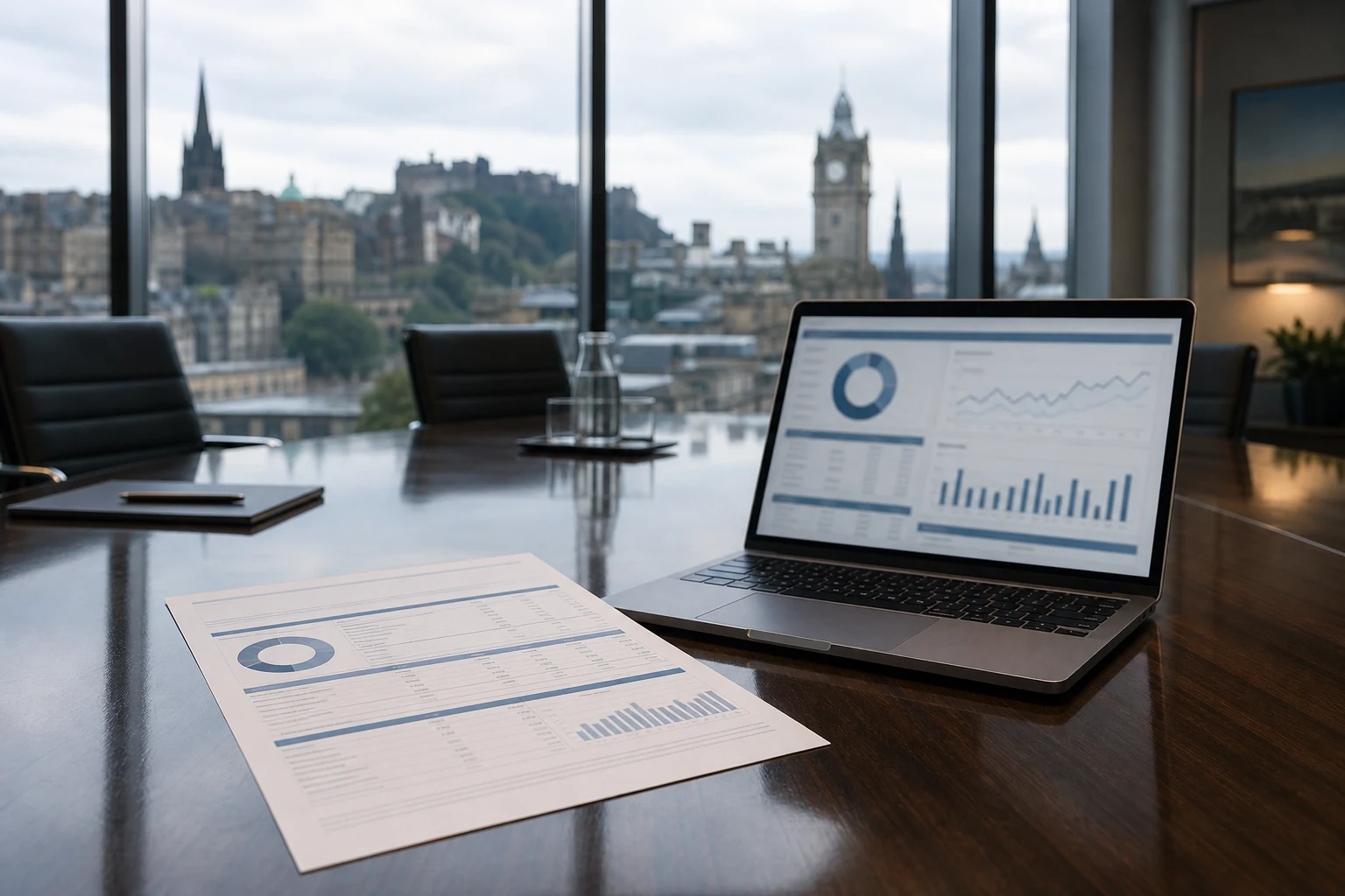 W-8BEN-E for holding companies — a modern boardroom in Edinburgh, a printed US brokerage dividend statement on the table next to a laptop showing a portfolio dashboard, city skyline visible through the window