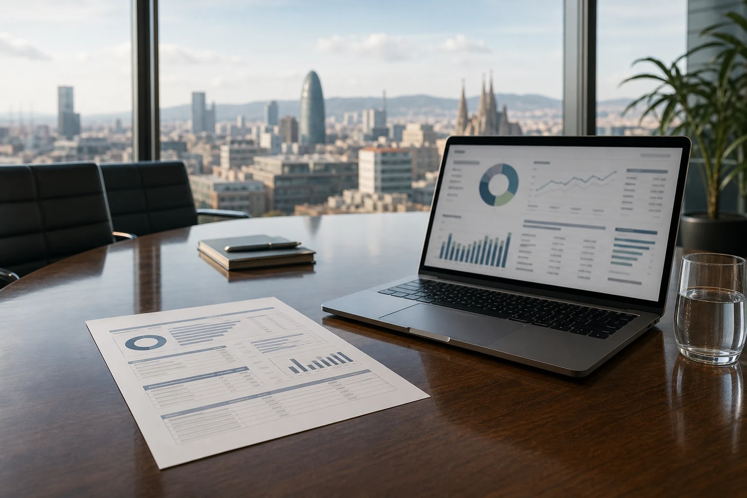 W-8BEN-E para sociedades holding — una moderna sala de juntas en Barcelona, un extracto de dividendos impreso de un bróker estadounidense sobre la mesa junto a un portátil con un panel de cartera, skyline visible a través de la ventana