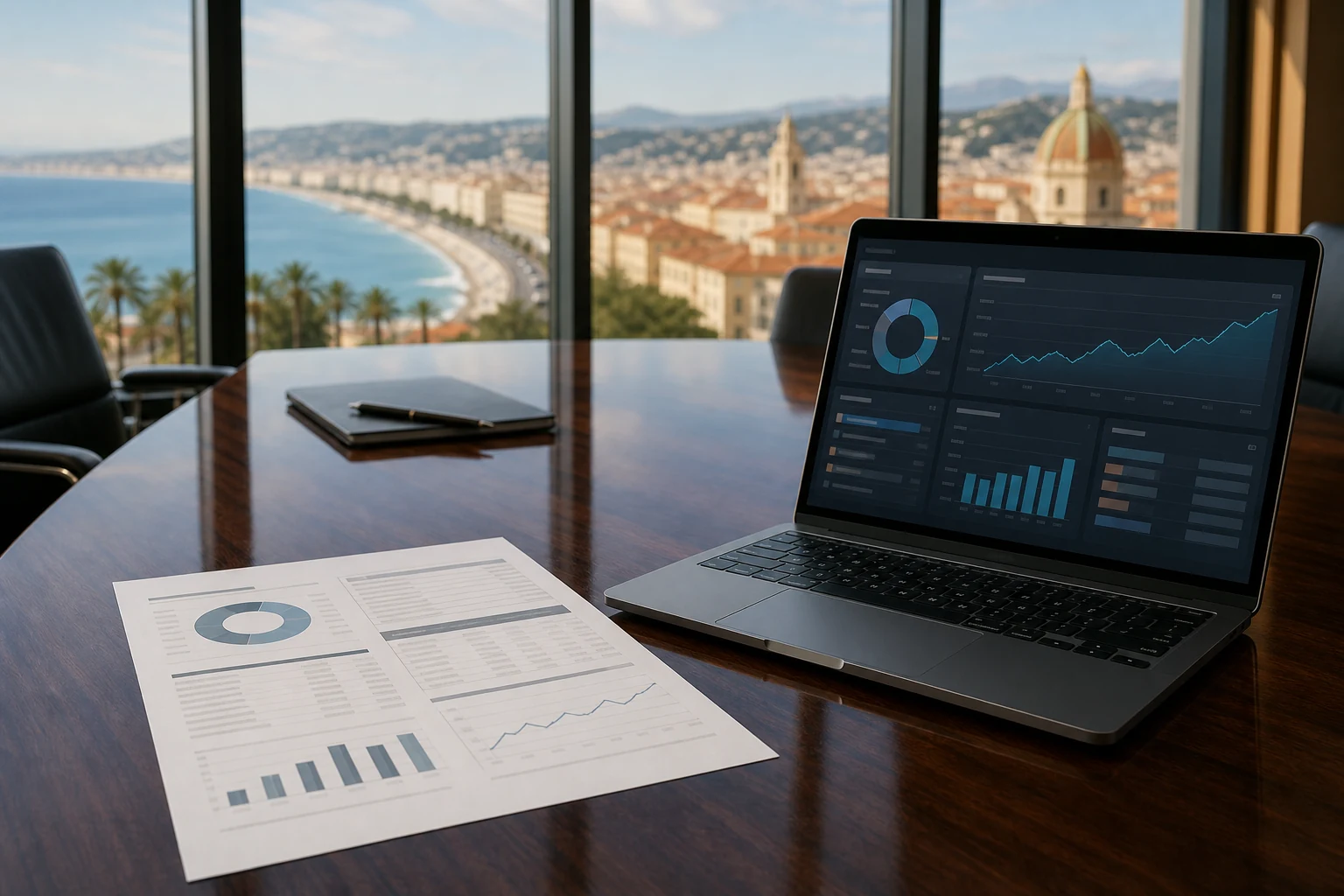 W-8BEN-E pour les sociétés holding — une salle de réunion moderne à Nice, un relevé de dividendes imprimé d'un courtier américain sur la table à côté d'un ordinateur portable affichant un tableau de bord de portefeuille, skyline visible à travers la fenêtre