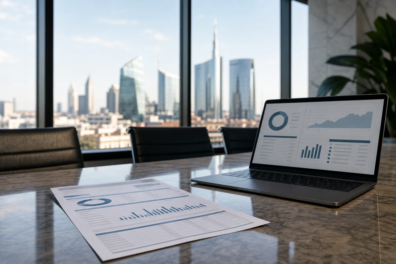 W-8BEN-E per le holding — una moderna sala riunioni a Milano, un estratto conto dividendi stampato di un broker statunitense sul tavolo accanto a un laptop con una dashboard di portafoglio, skyline visibile dalla finestra