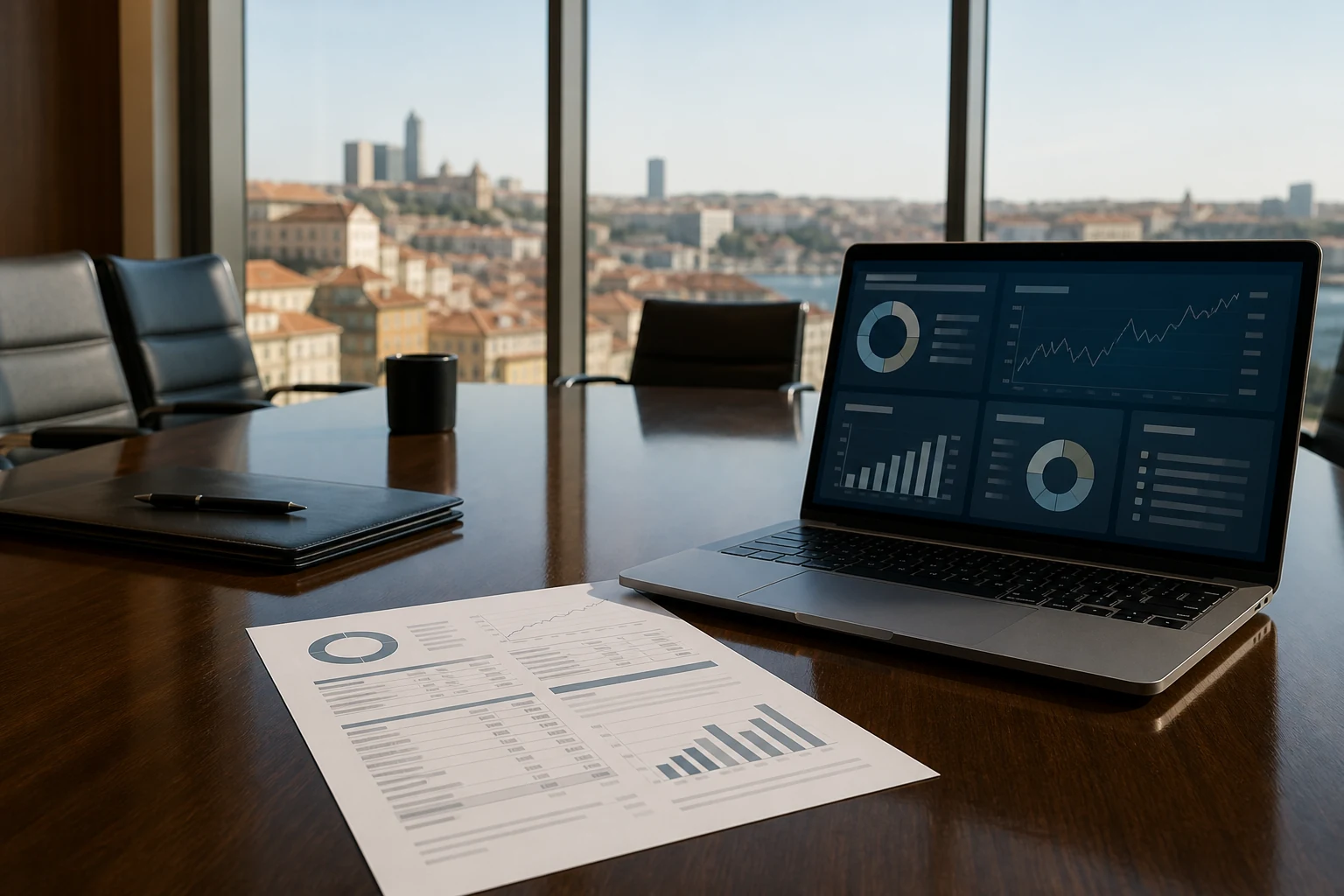 W-8BEN-E para holdings — uma sala de reuniões moderna no Porto, um extrato de dividendos impresso de uma corretora americana sobre a mesa junto a um portátil com um painel de carteira, horizonte da cidade visível através da janela