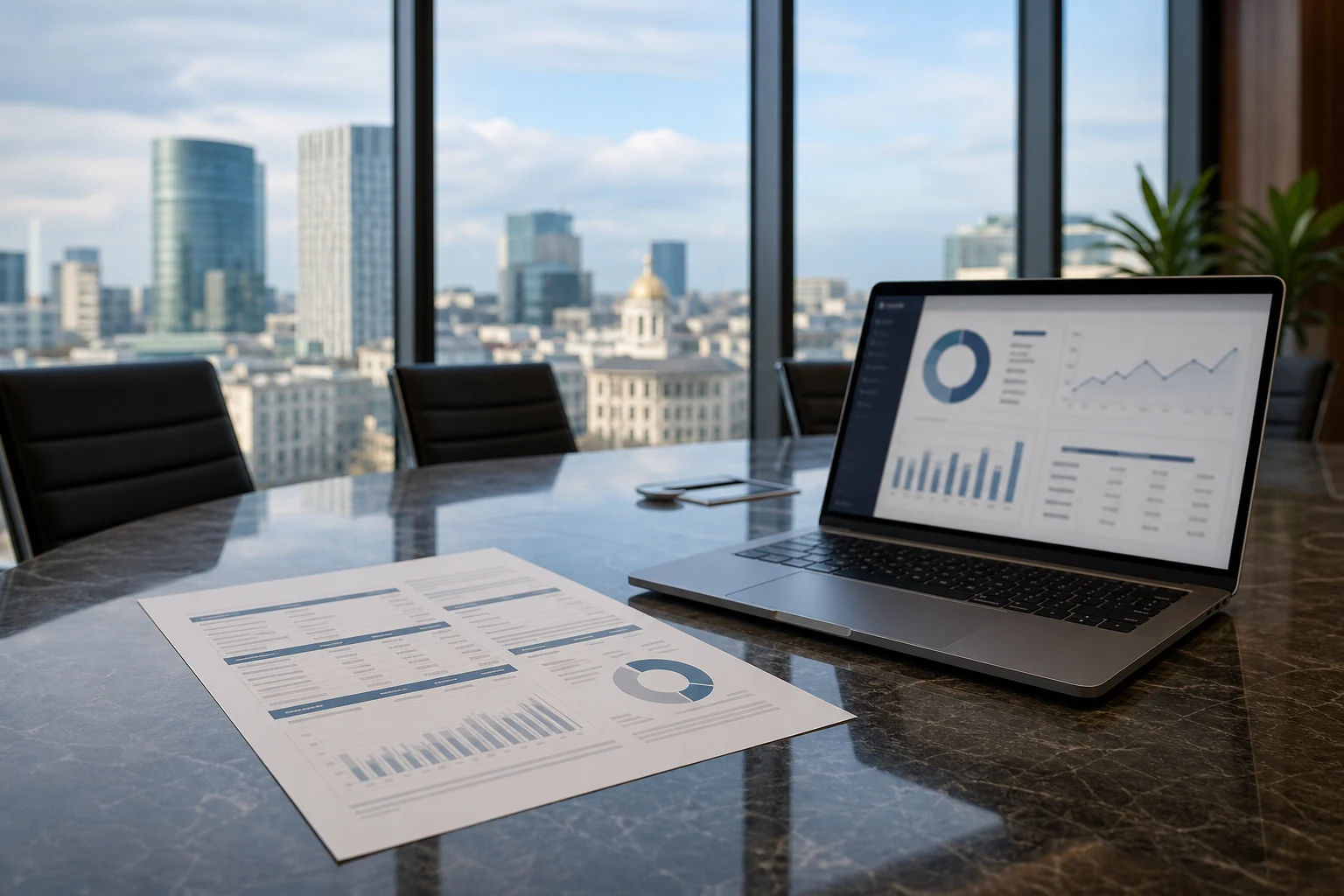 W-8BEN-E pentru companii holding — o sală de ședințe modernă din București, un extras de dividende tipărit de la un broker american pe masă lângă un laptop cu un tablou de bord al portofoliului, orizontul orașului vizibil prin fereastră