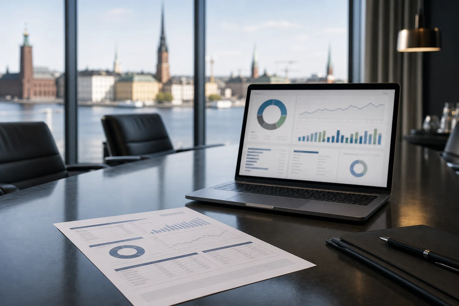 W-8BEN-E för holdingbolag — ett modernt sammanträdesrum i Stockholm, ett utskrivet utdelningsbesked från en amerikansk mäklare på bordet bredvid en bärbar dator med en portföljdashboard, stadssiluetten synlig genom fönstret