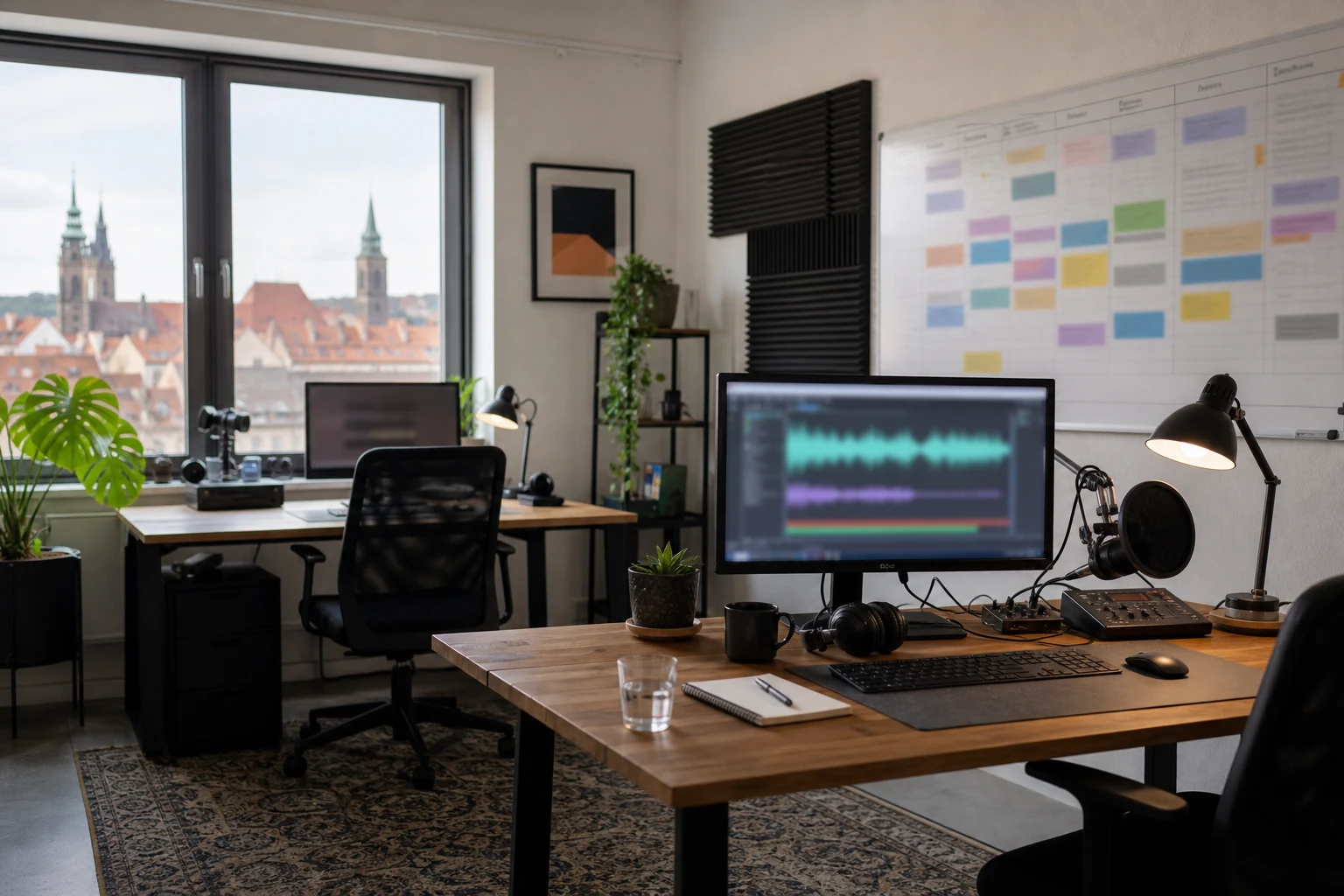 W-8BEN-E für ein Patreon-Podcast-Unternehmen — ein kleines Medienbüro in Nürnberg mit zwei Arbeitsplätzen, einem Monitor mit einer abstrakten Audio-Wellenform-Oberfläche und einer Wandtafel mit einem Episodenplan