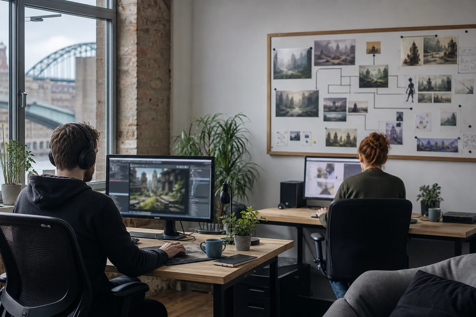 W-8BEN-E for a Patreon game studio — a small indie studio office in Newcastle with two desks, a monitor showing an abstract game build interface, and a wall board with a development roadmap