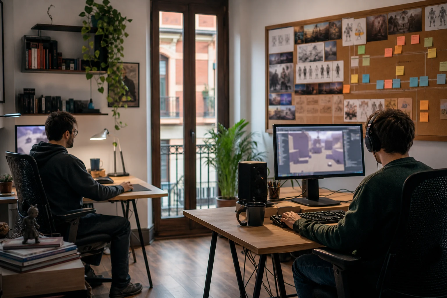 W-8BEN-E para un estudio de videojuegos en Patreon — una pequeña oficina de estudio en Valladolid con dos puestos de trabajo, un monitor que muestra una interfaz abstracta de una compilación de videojuego, y una pizarra de pared con una hoja de ruta de desarrollo