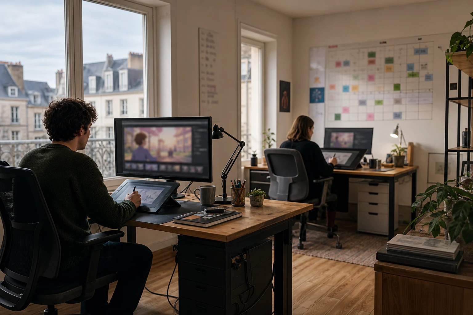 W-8BEN-E pour un studio d'animation sur Patreon — un petit bureau de studio à Dijon avec deux postes de travail, un moniteur affichant une interface abstraite de storyboard animé, et un tableau mural avec un calendrier d'épisodes