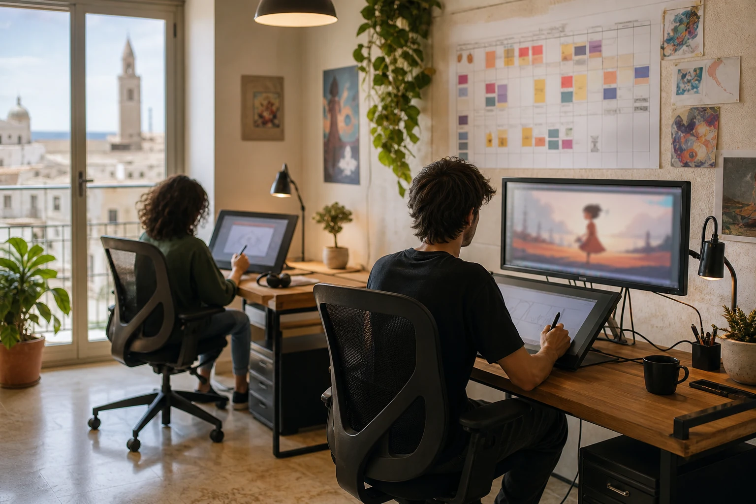 W-8BEN-E per uno studio di animazione su Patreon — un piccolo ufficio di studio a Bari con due postazioni di lavoro, un monitor che mostra un'interfaccia astratta di un fotogramma animato, e una lavagna a muro con un calendario degli episodi
