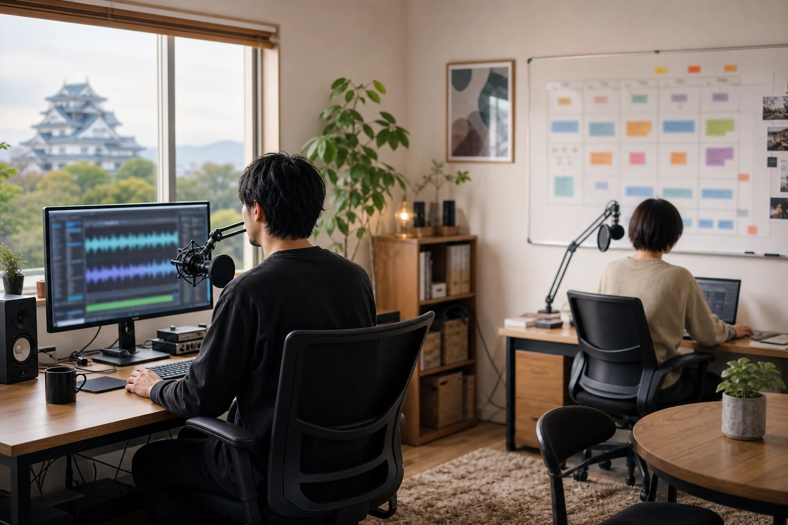 岡山にあるPatreonのポッドキャストメディア企業向けW-8BEN-E — 2つの作業スペースがある小さなメディアオフィス、抽象的な音声波形インターフェースを表示するモニター、エピソード計画が書かれた壁のボード