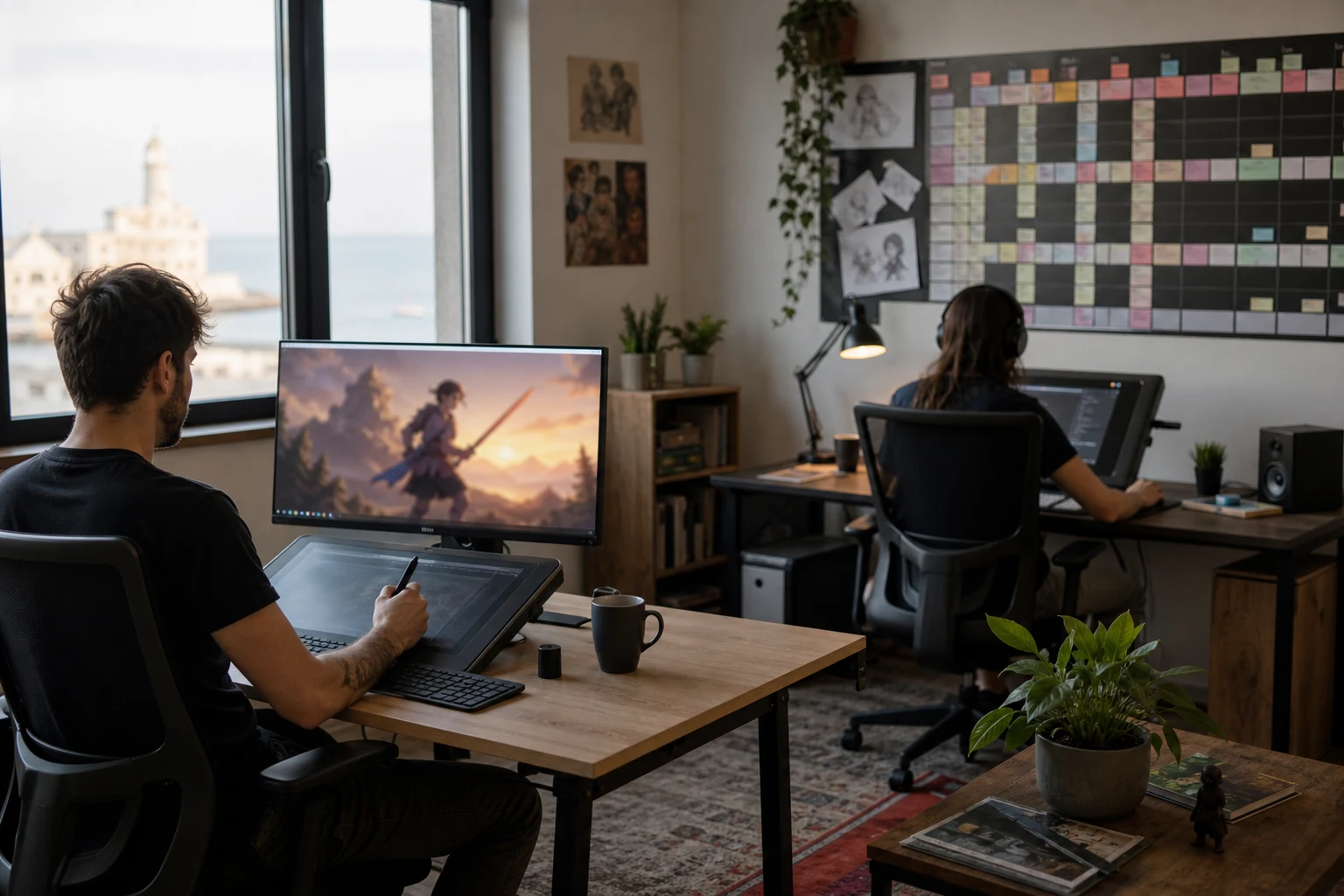 W-8BEN-E pentru un studio media pe Patreon — un mic birou de studio în Constanța cu două posturi de lucru, un monitor care afișează o interfață abstractă a unui cadru animat, și un panou de perete cu un calendar de episoade
