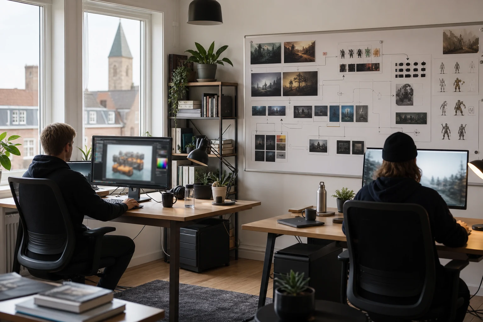 W-8BEN-E för en spelstudio på Patreon — ett litet studiokontor i Lund med två arbetsplatser, en monitor som visar ett abstrakt gränssnitt för en spelbuild, och en whiteboard med en utvecklingsplan