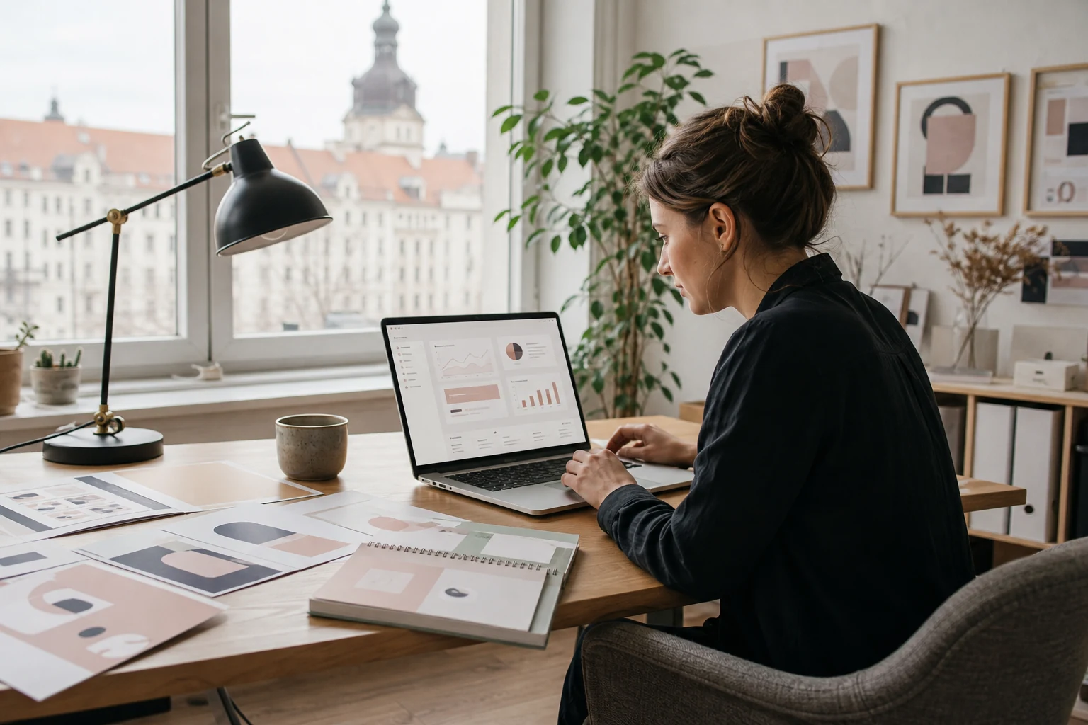 W-8BEN-E für PayPal-Unternehmen — ein kleines Designstudio in Leipzig, eine Gründerin prüft ein PayPal-Checkout-Verkaufsdashboard auf einem Laptop neben ausgedruckten Vorlagen-Mockups