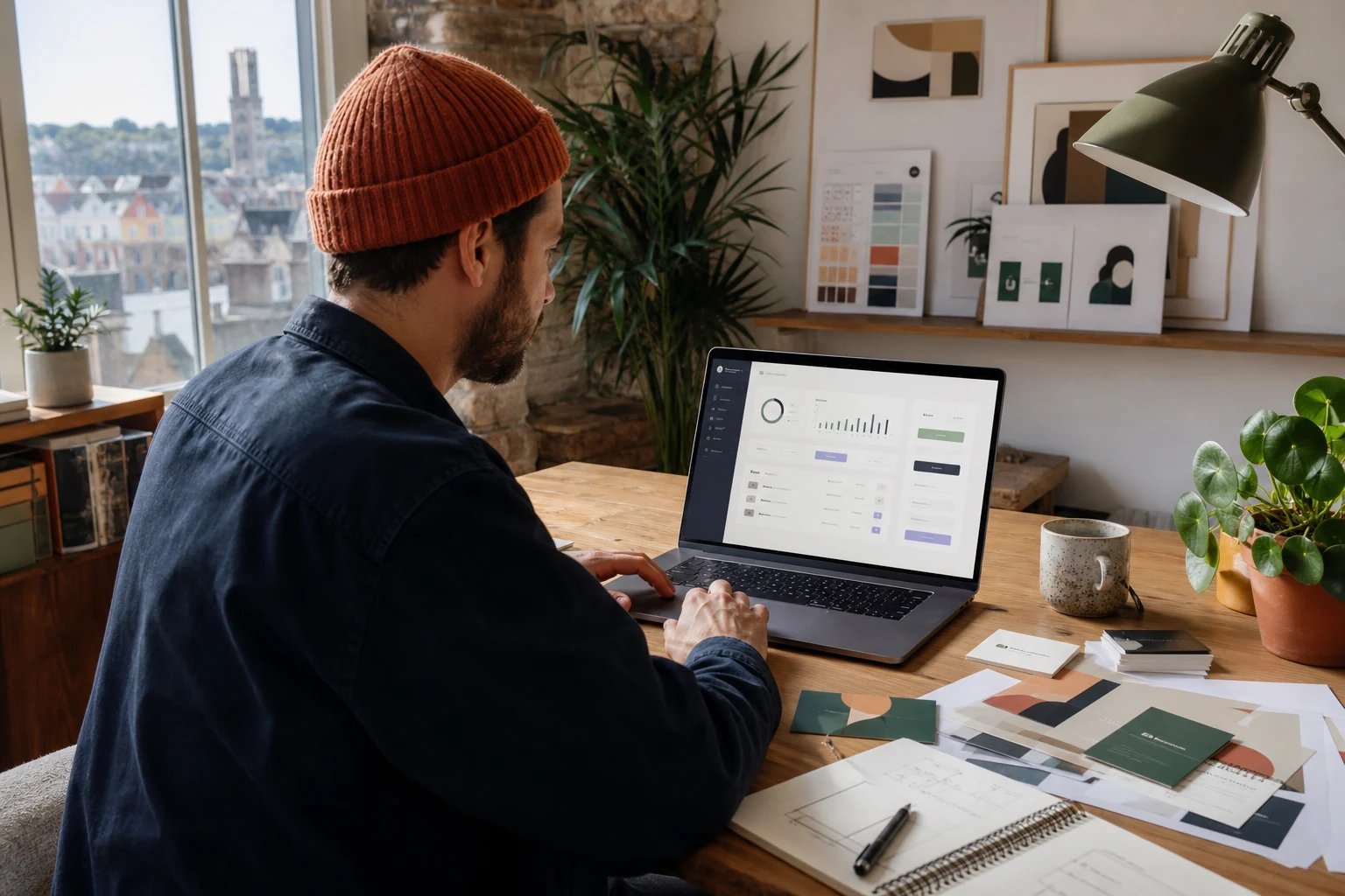 W-8BEN-E for PayPal companies — a small digital design studio in Bristol, a founder reviewing a PayPal Checkout sales dashboard on a laptop next to printed template mockups