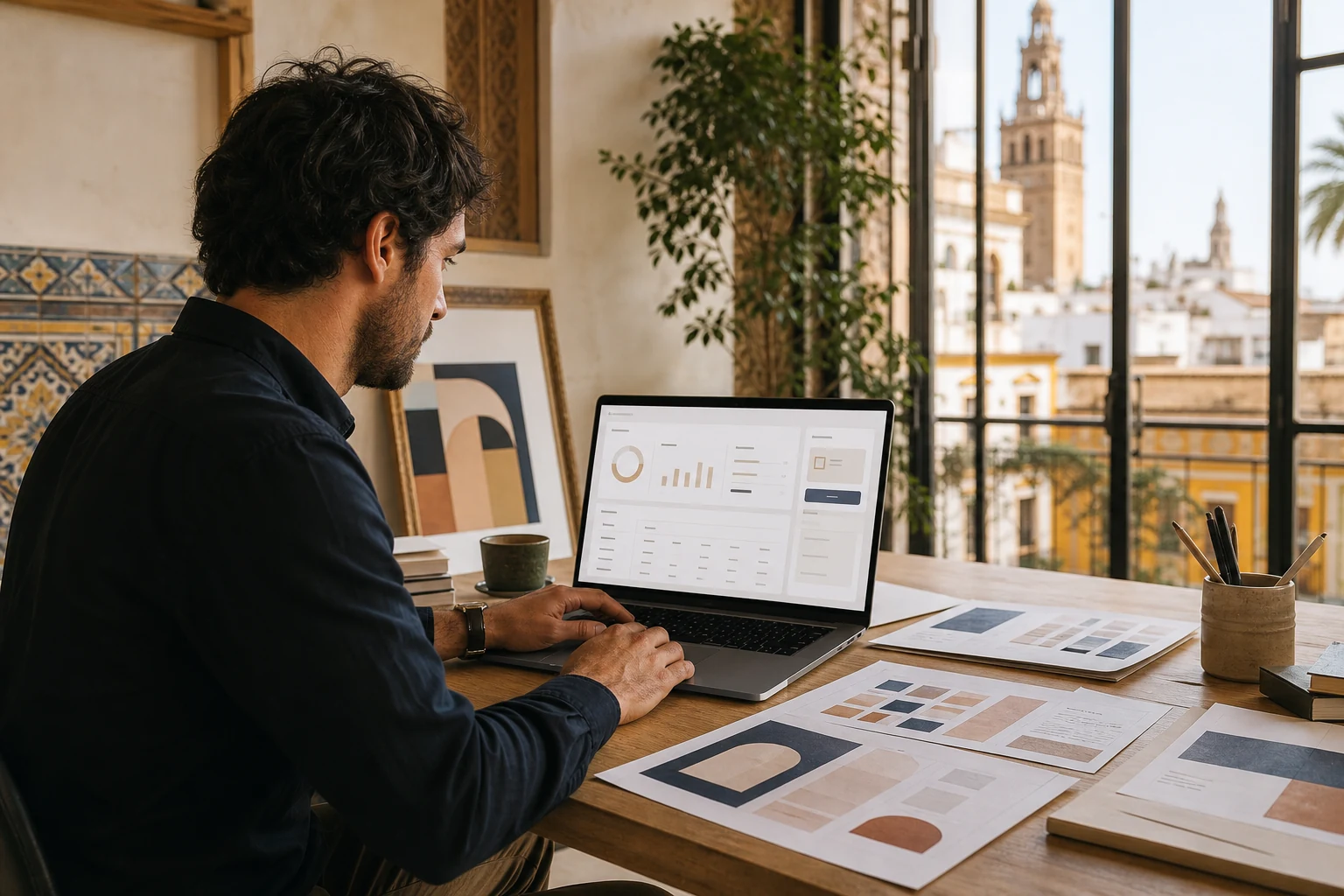 W-8BEN-E para empresas de PayPal — un pequeño estudio de diseño en Sevilla, una fundadora revisando un panel de ventas de PayPal Checkout en un portátil junto a maquetas de plantillas impresas