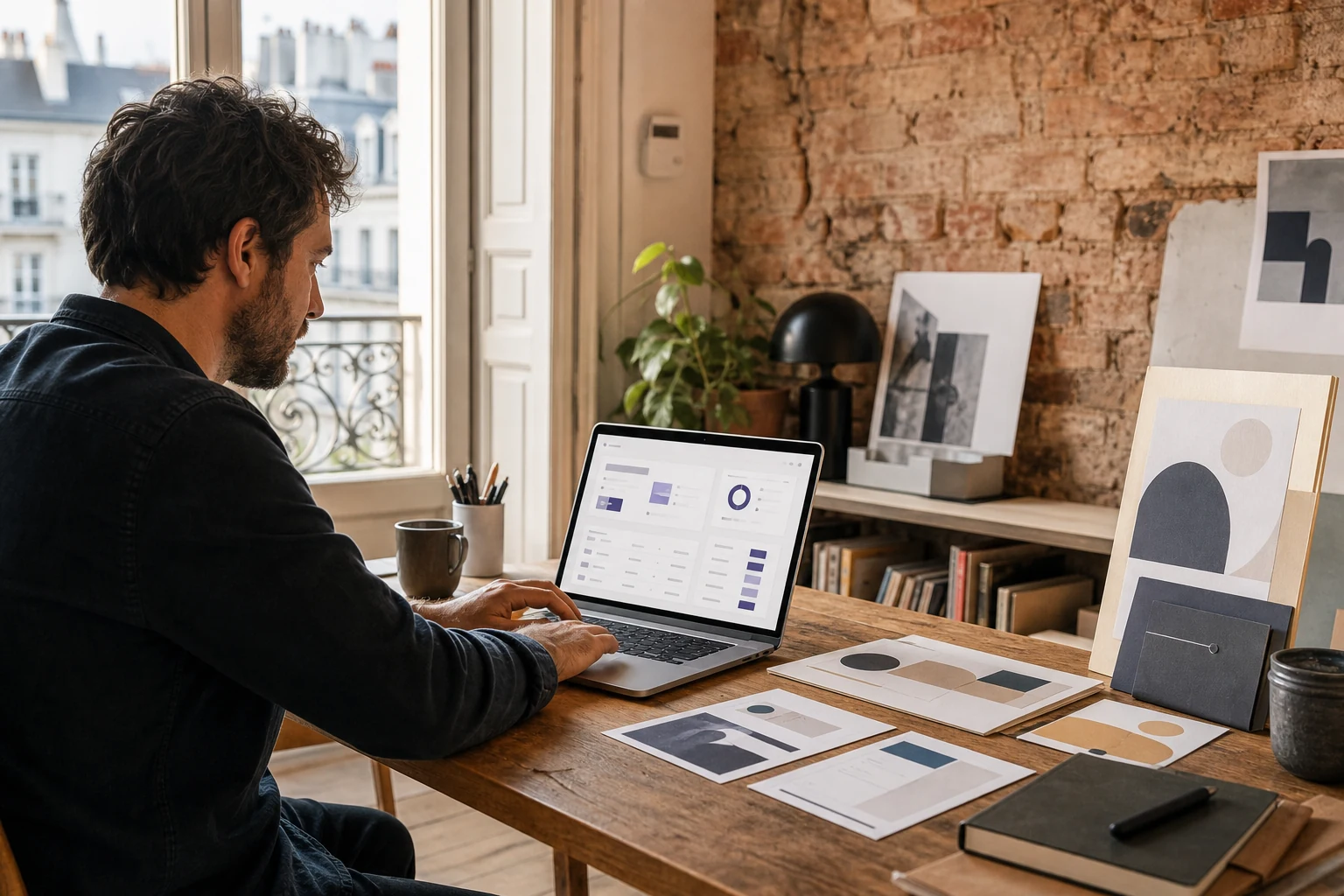W-8BEN-E pour les entreprises PayPal — un petit studio de design à Lyon, une fondatrice consultant un tableau de bord des ventes PayPal Checkout sur un ordinateur portable à côté de maquettes de modèles imprimées
