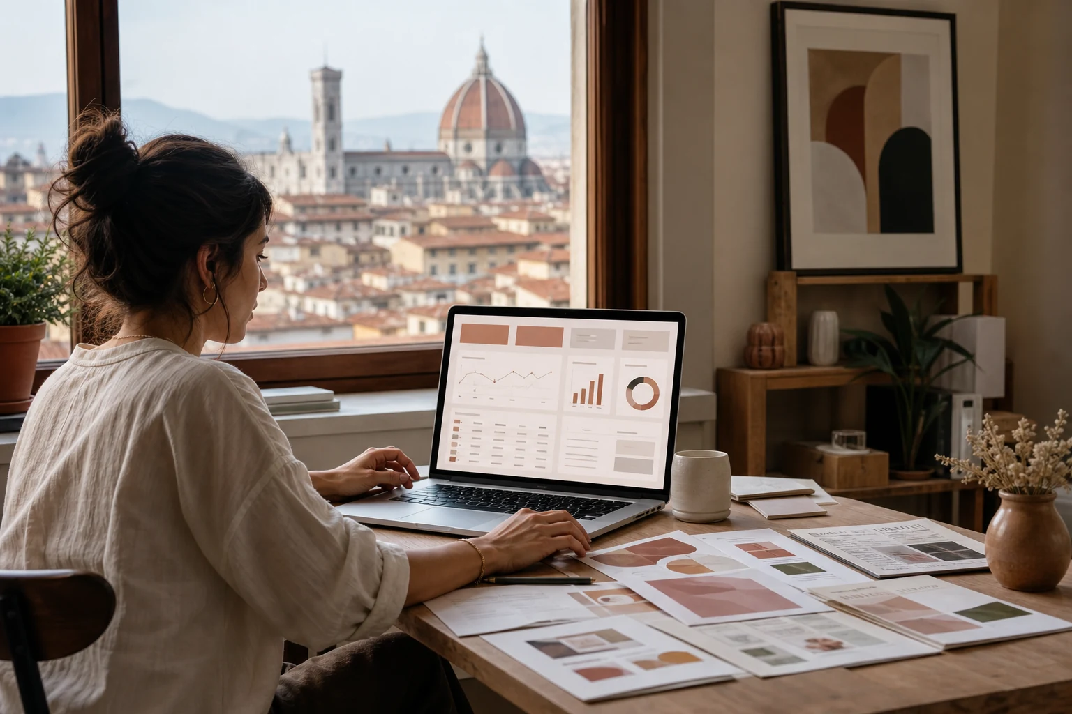 W-8BEN-E per aziende PayPal — un piccolo studio di design a Firenze, una fondatrice consulta una dashboard delle vendite di PayPal Checkout su un laptop accanto a mockup di modelli stampati