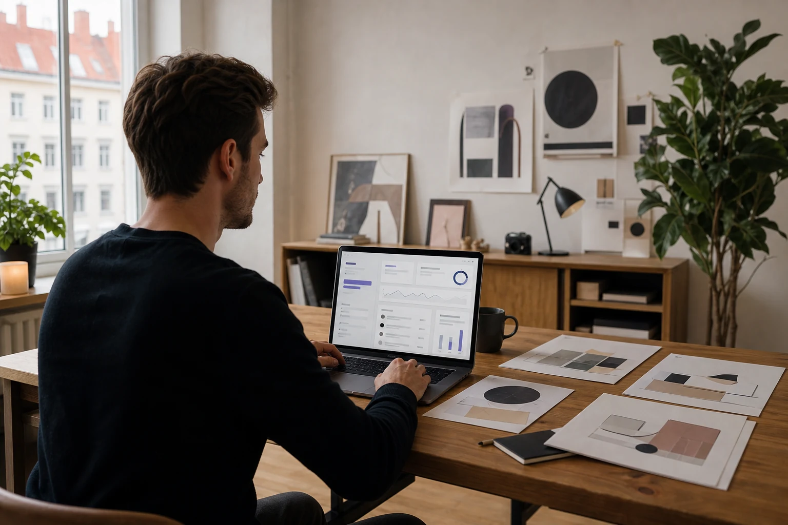 W-8BEN-E dla firm korzystających z PayPal — małe studio projektowe w Poznaniu, założycielka sprawdza panel sprzedaży PayPal Checkout na laptopie obok wydrukowanych makiet szablonów