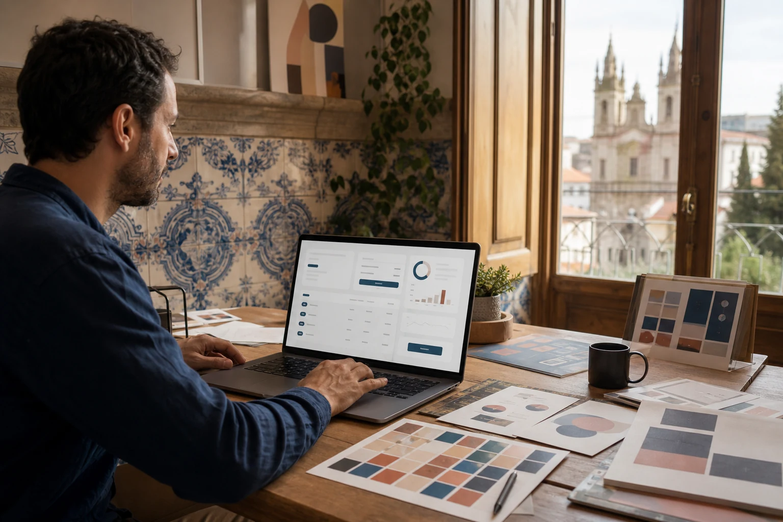 W-8BEN-E para empresas PayPal — um pequeno estúdio de design em Braga, uma fundadora a rever um painel de vendas do PayPal Checkout num portátil junto a maquetas de modelos impressas