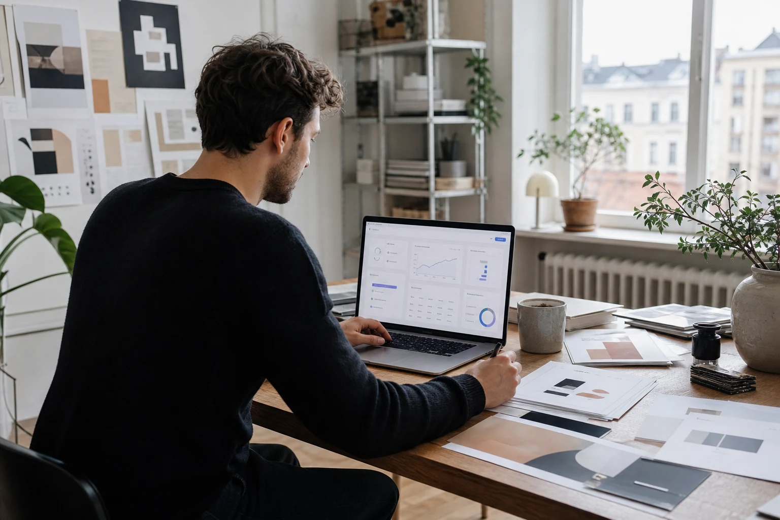 W-8BEN-E för PayPal-företag — en liten designstudio i Malmö, en grundare som granskar en PayPal Checkout-försäljningsdashboard på en bärbar dator bredvid utskrivna mallmockuper