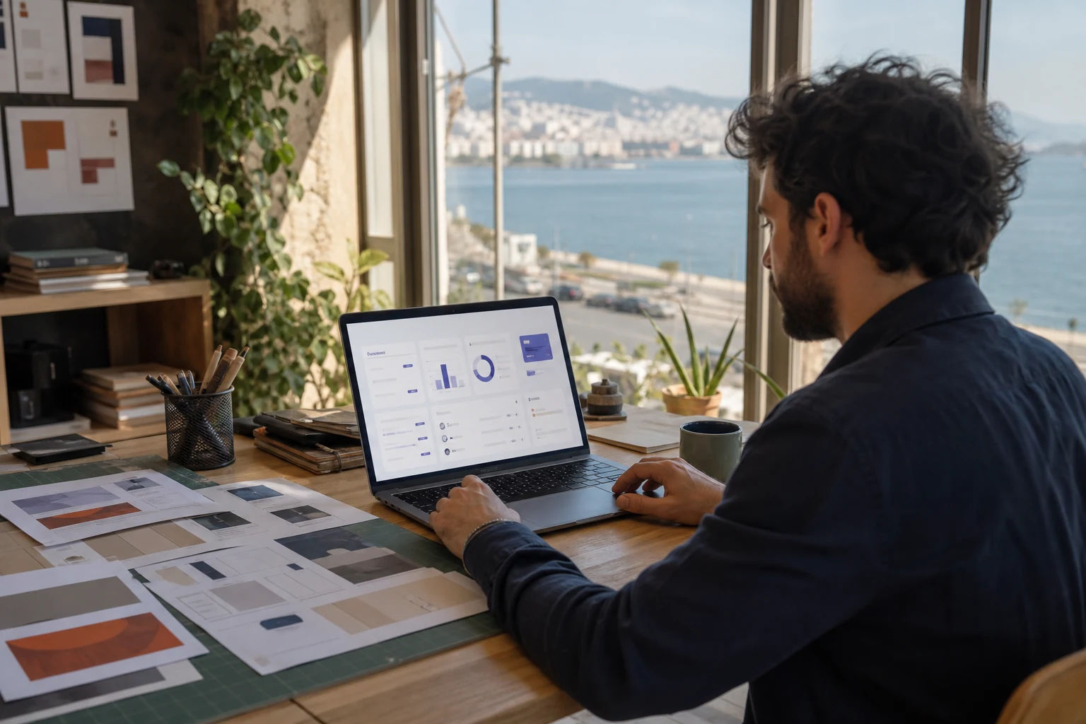 PayPal şirketleri için W-8BEN-E — İzmir'de küçük bir tasarım stüdyosu, kurucunun dizüstü bilgisayarda PayPal Checkout satış panosunu basılı şablon maketlerinin yanında incelemesi