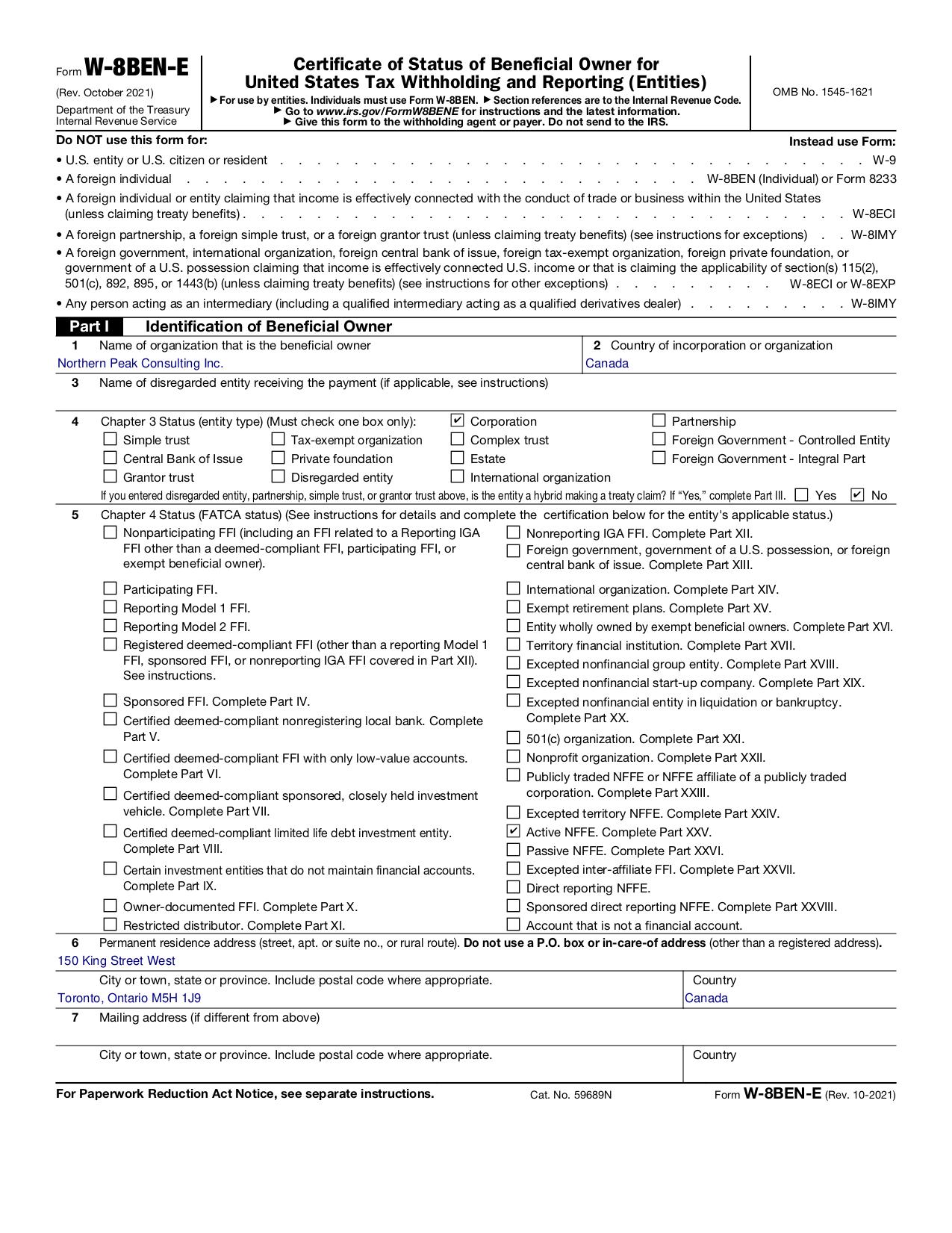 Example of a completed W-8BEN-E form for a Canadian corporation