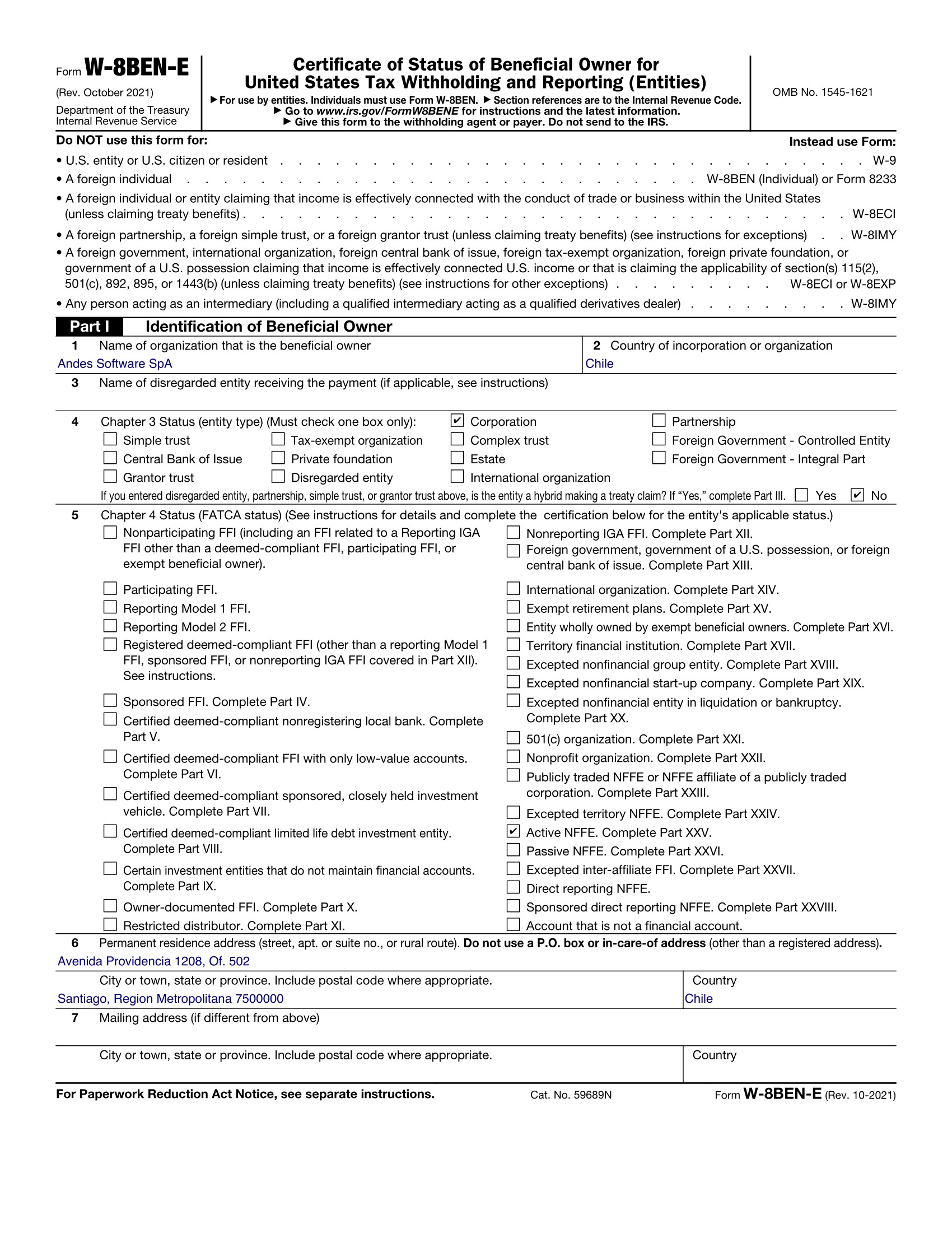 Ejemplo de un formulario W-8BEN-E completado para una SpA chilena