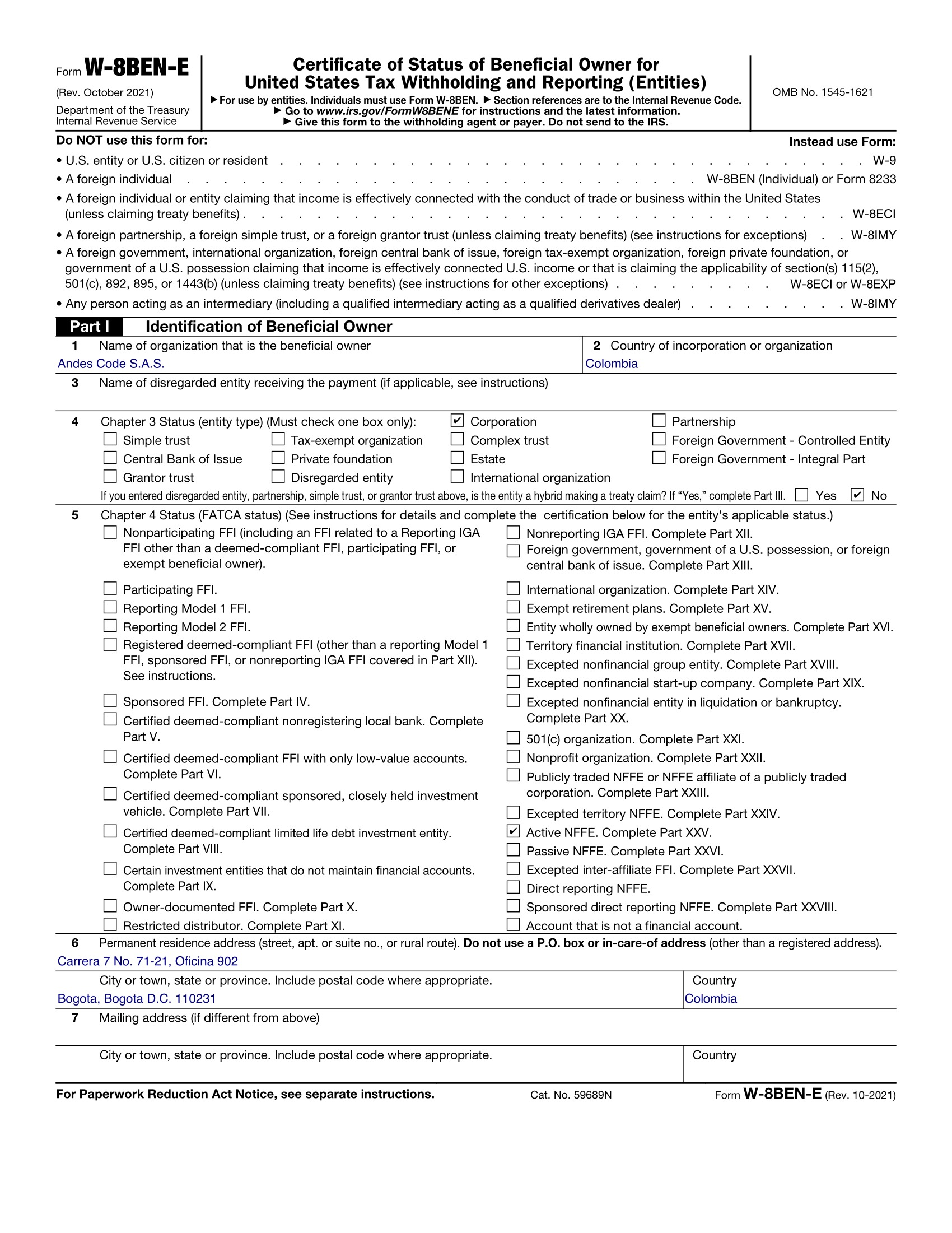 Ejemplo de Form W-8BEN-E completado para una S.A.S. colombiana ficticia, con la Parte III en blanco