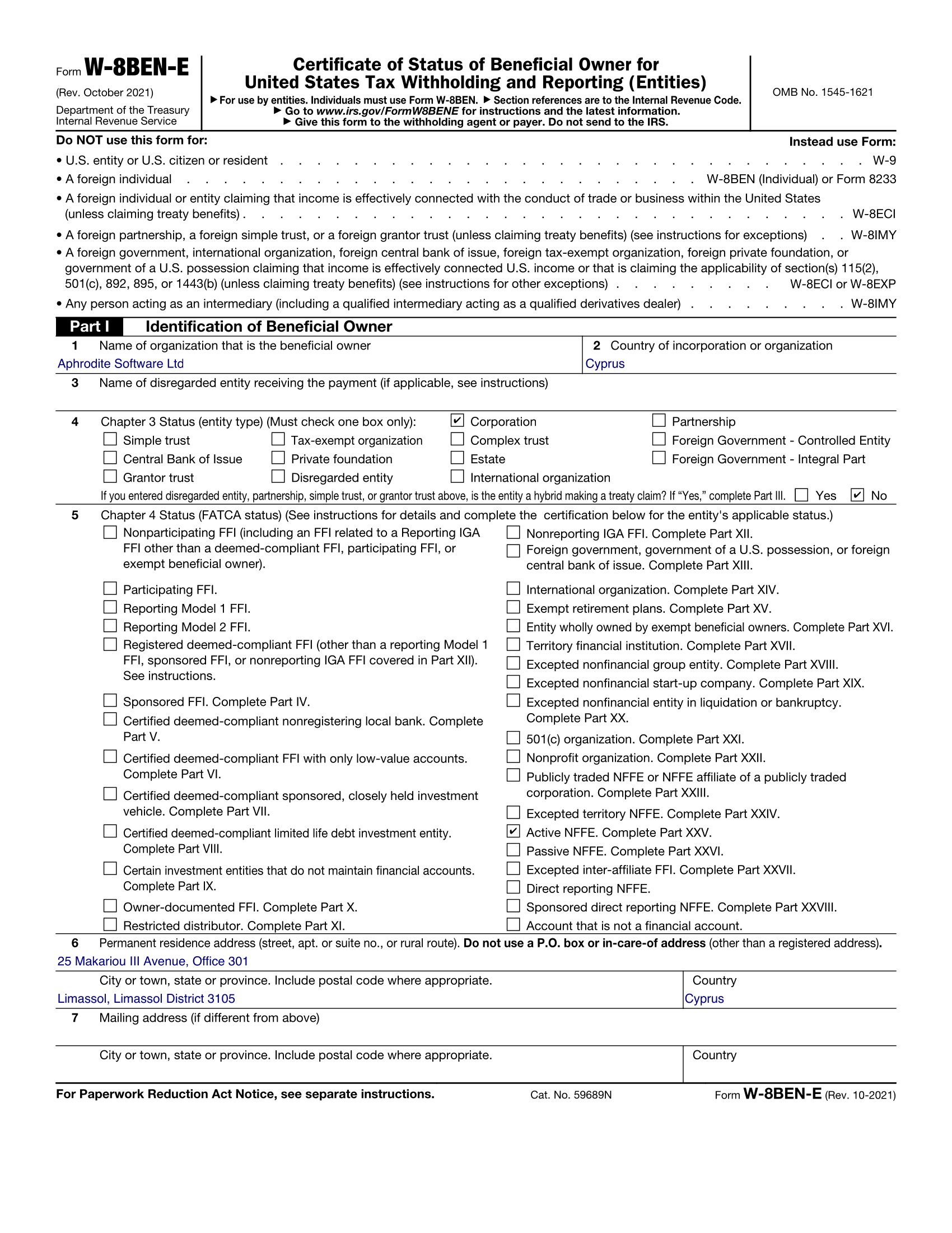 First page of a sample W-8BEN-E for Aphrodite Software Ltd