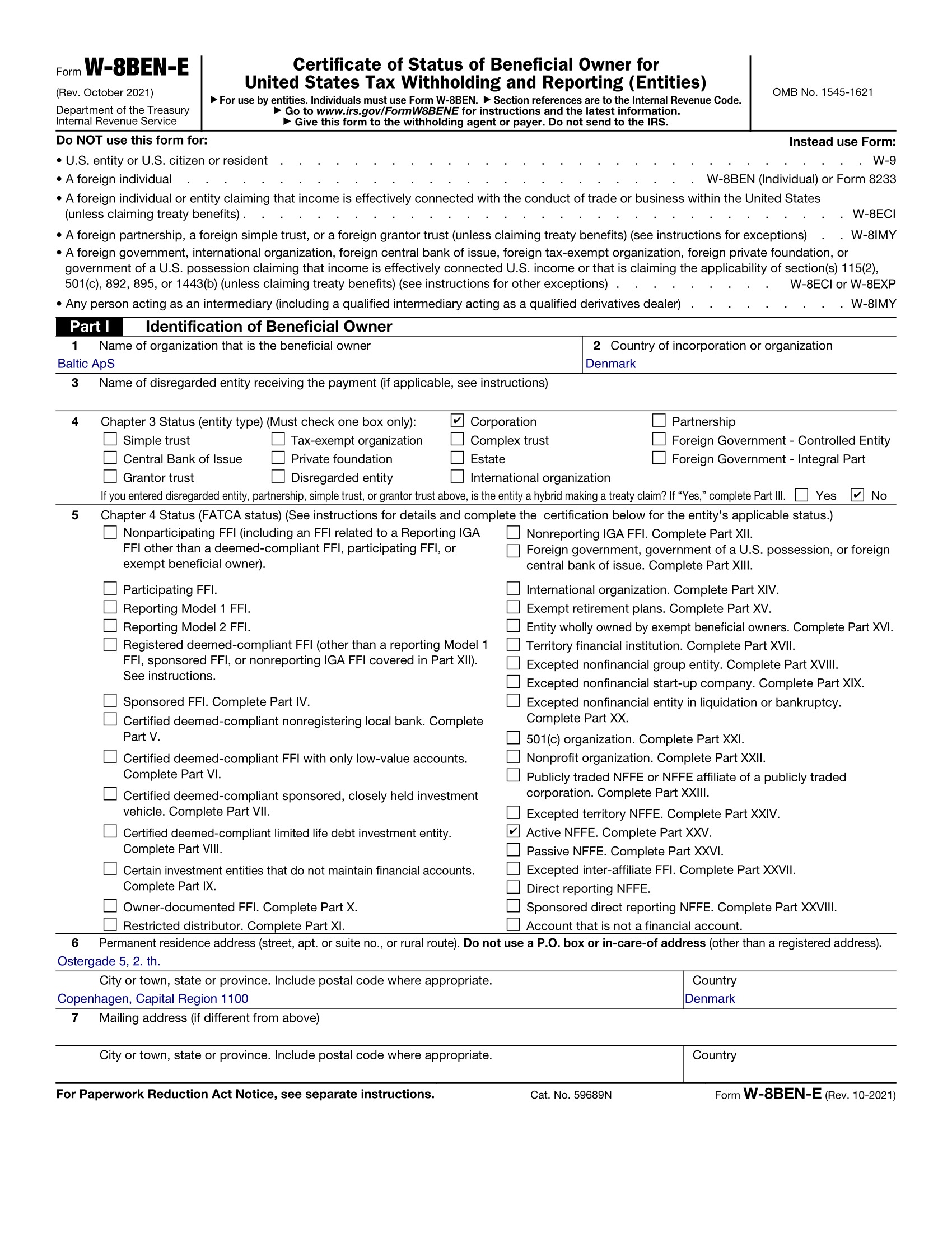 Example of a completed W-8BEN-E form for a Danish ApS