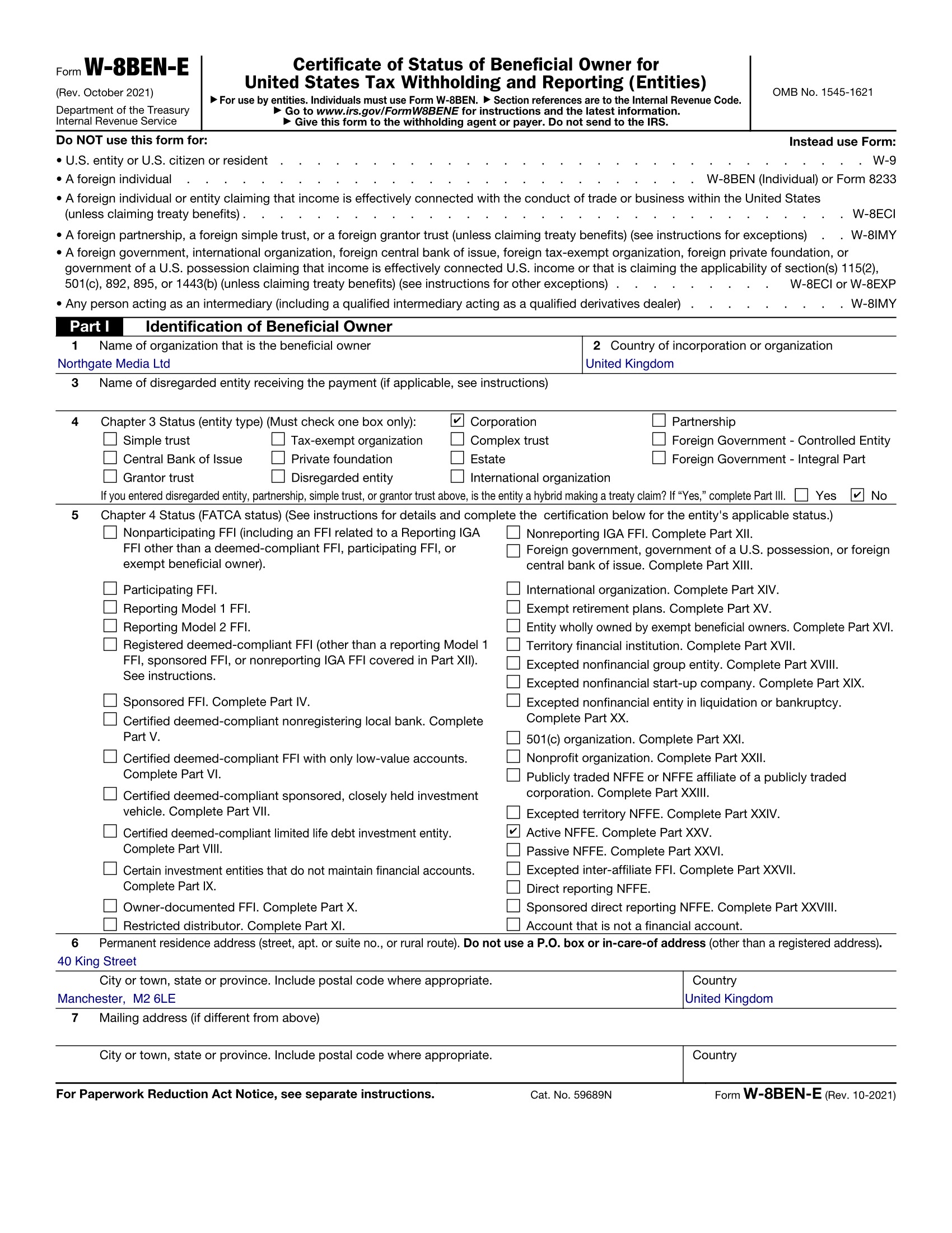 Sample W-8BEN-E first page for a UK YouTube company