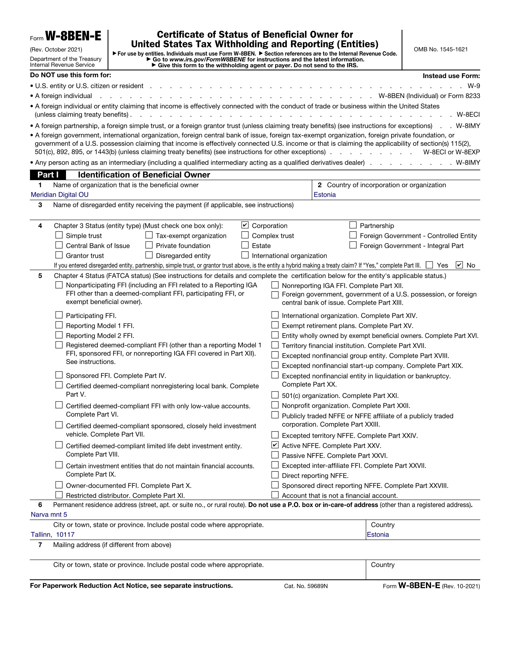 Example of a completed W-8BEN-E form for an Estonian OÜ
