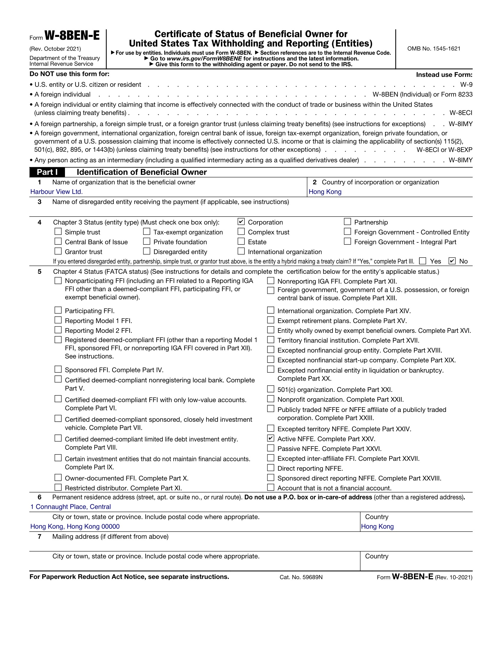 Sample completed Form W-8BEN-E for a fictional Hong Kong Limited company, showing Part III left blank