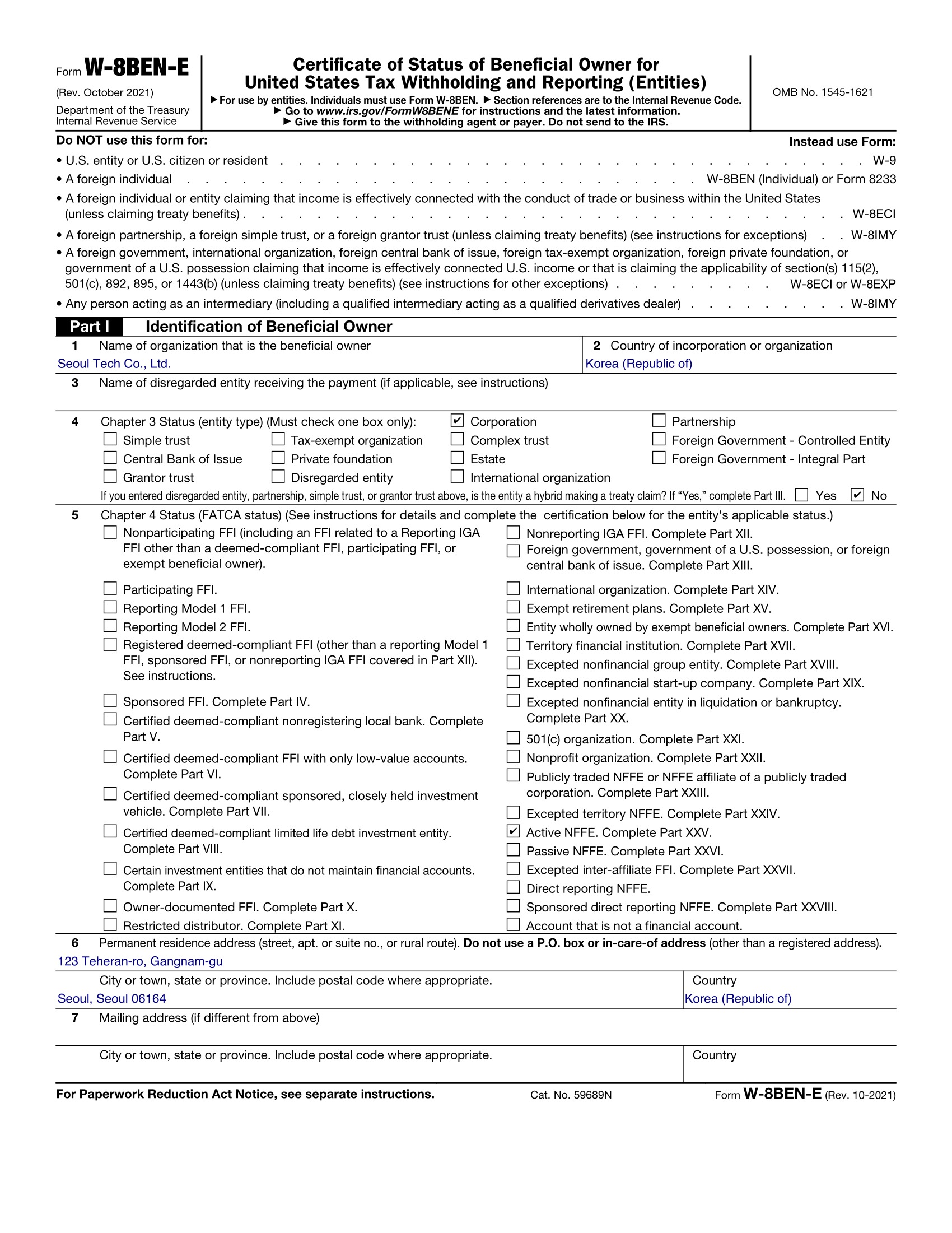 Example of a completed W-8BEN-E form for a Korean Chusik Hoesa company