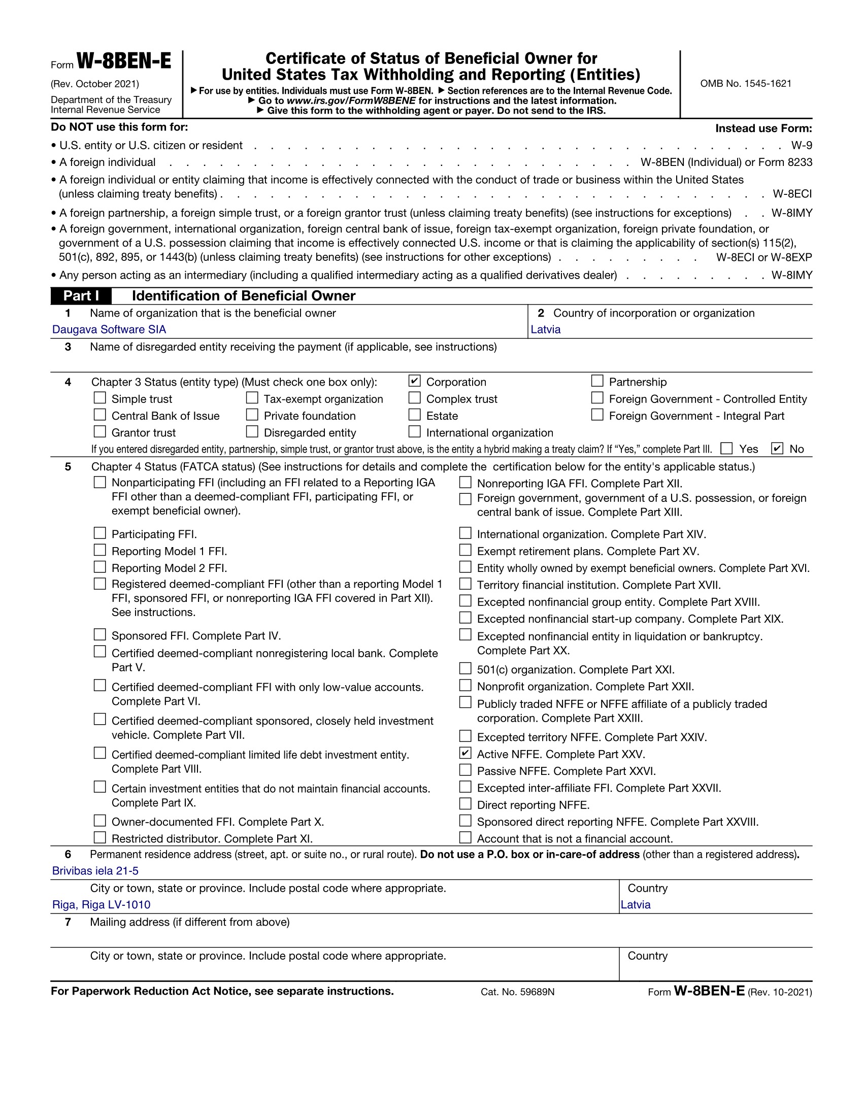 First page of a sample W-8BEN-E for Daugava Software SIA