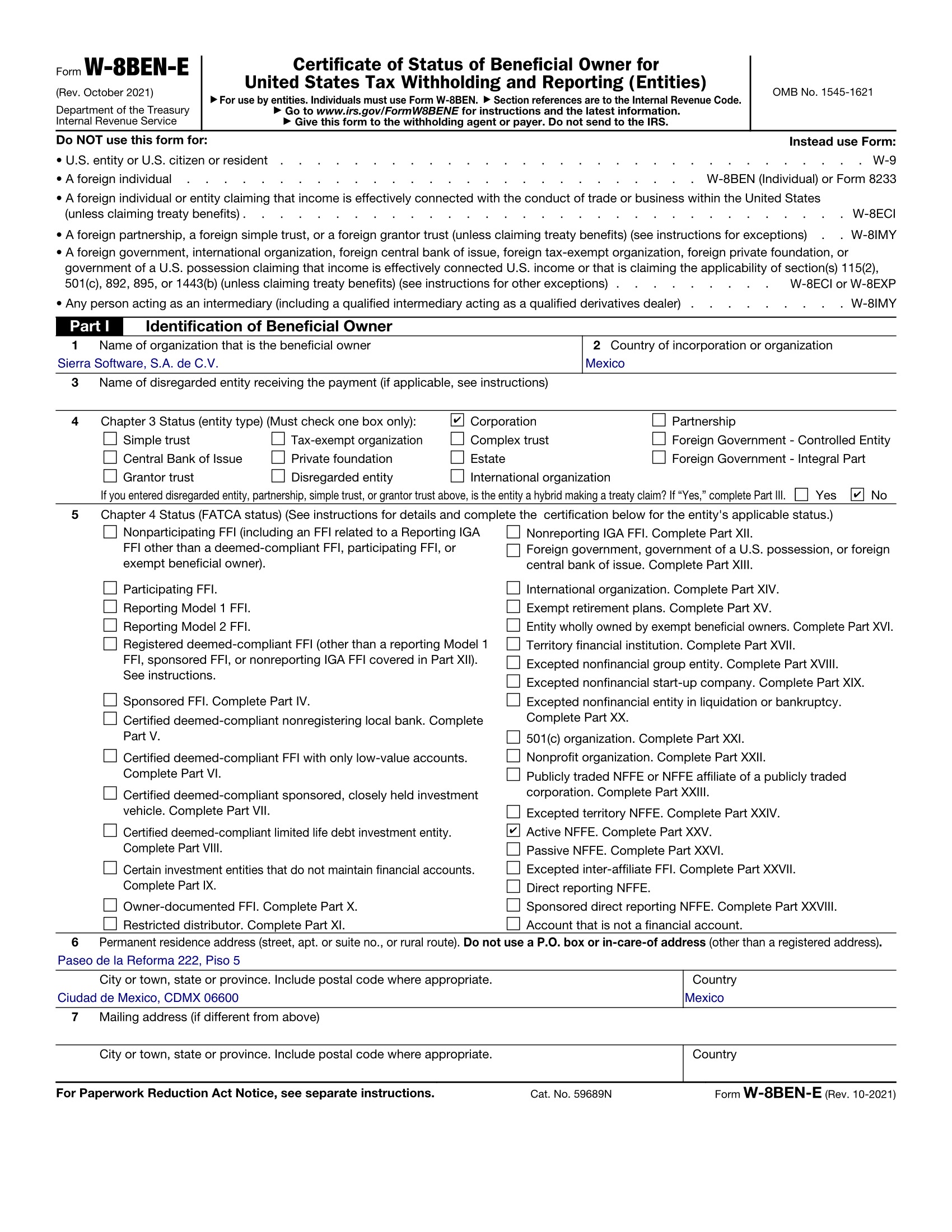 Primera página de un W-8BEN-E de ejemplo para Sierra Software, S.A. de C.V.