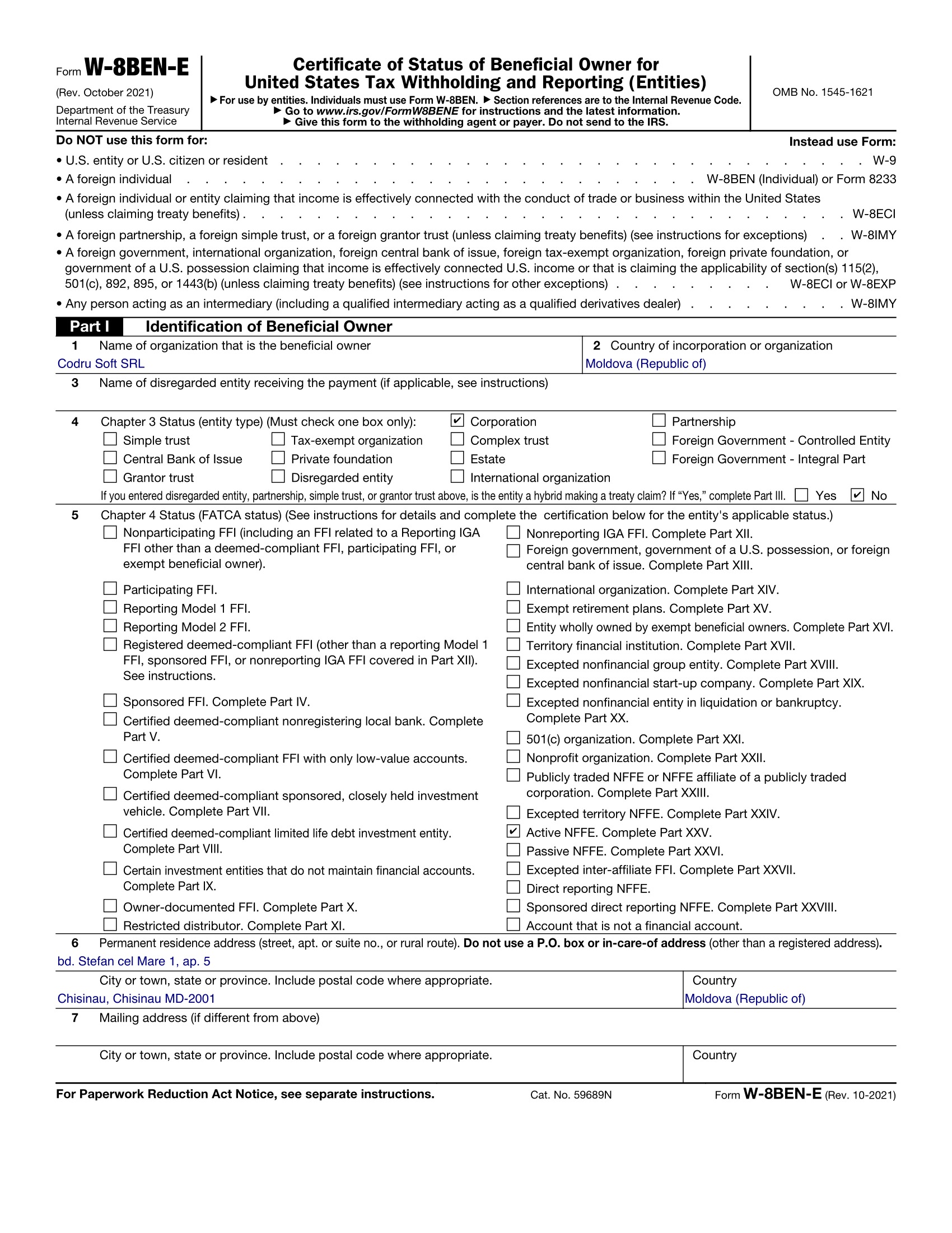 Prima pagină a exemplului W-8BEN-E pentru Codru Soft SRL.