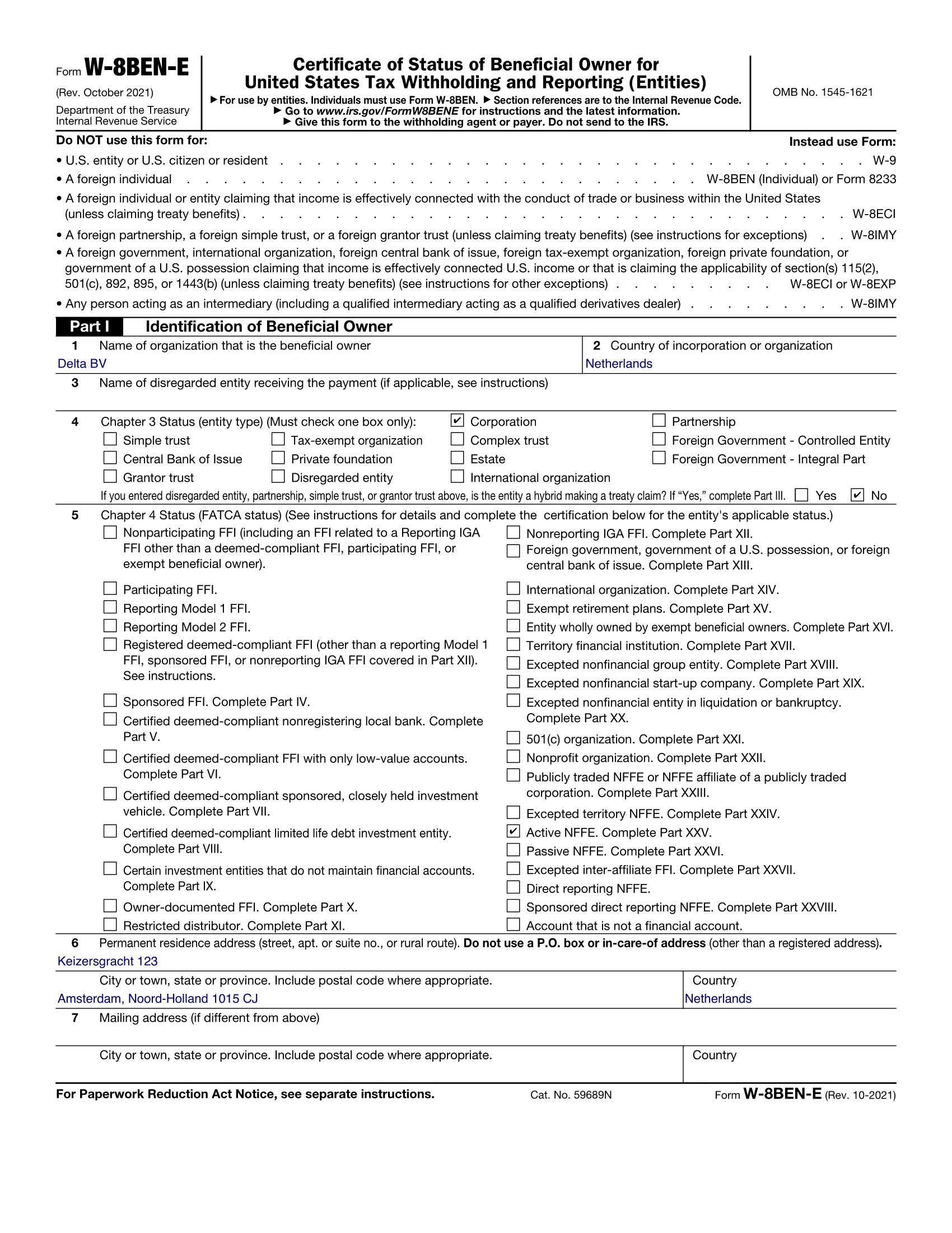 Example of a completed W-8BEN-E form for a Dutch BV company
