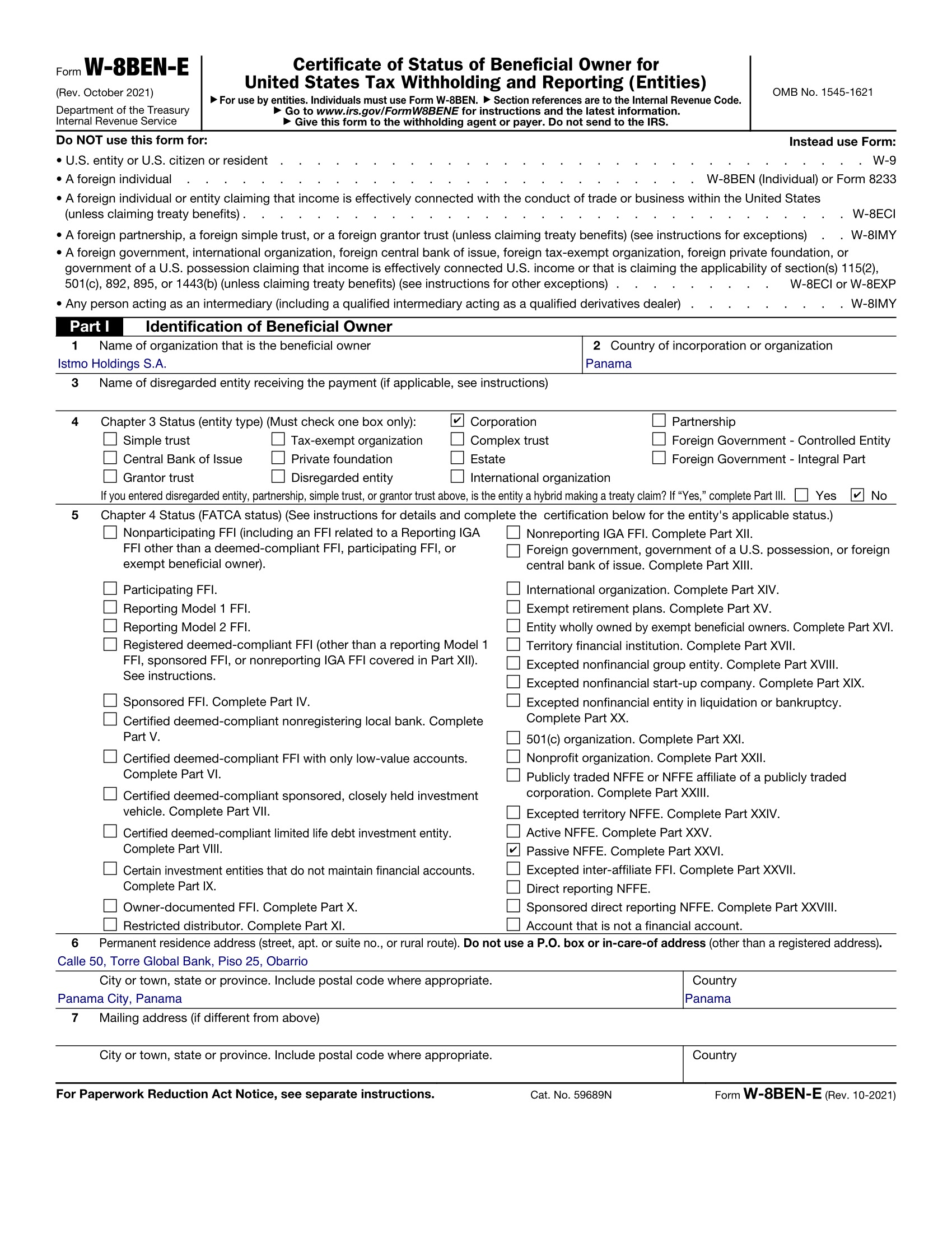 Ejemplo de Form W-8BEN-E completado para una S.A. panameña ficticia, con la Parte III en blanco