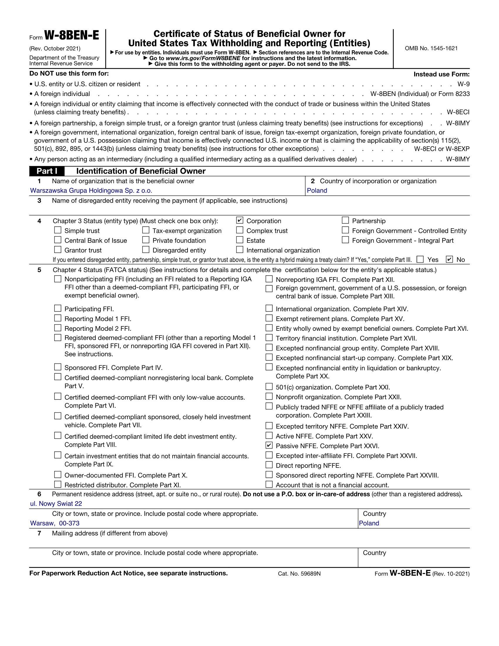 First page of a sample W-8BEN-E for Harbour Apps Ltd