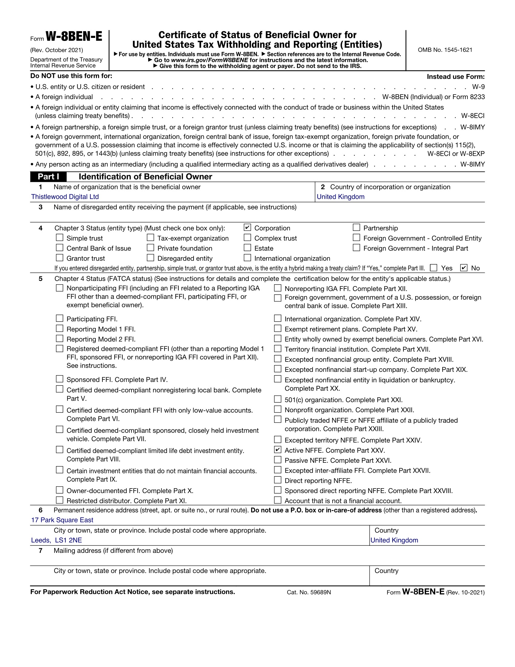 Pagina 1 del W-8BEN-E di esempio di Thistlewood Digital Ltd per Upwork: Parte III vuota