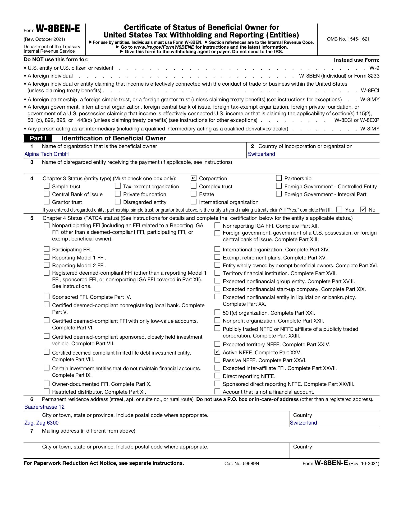 Beispiel eines ausgefüllten W-8BEN-E-Formulars für eine Schweizer GmbH