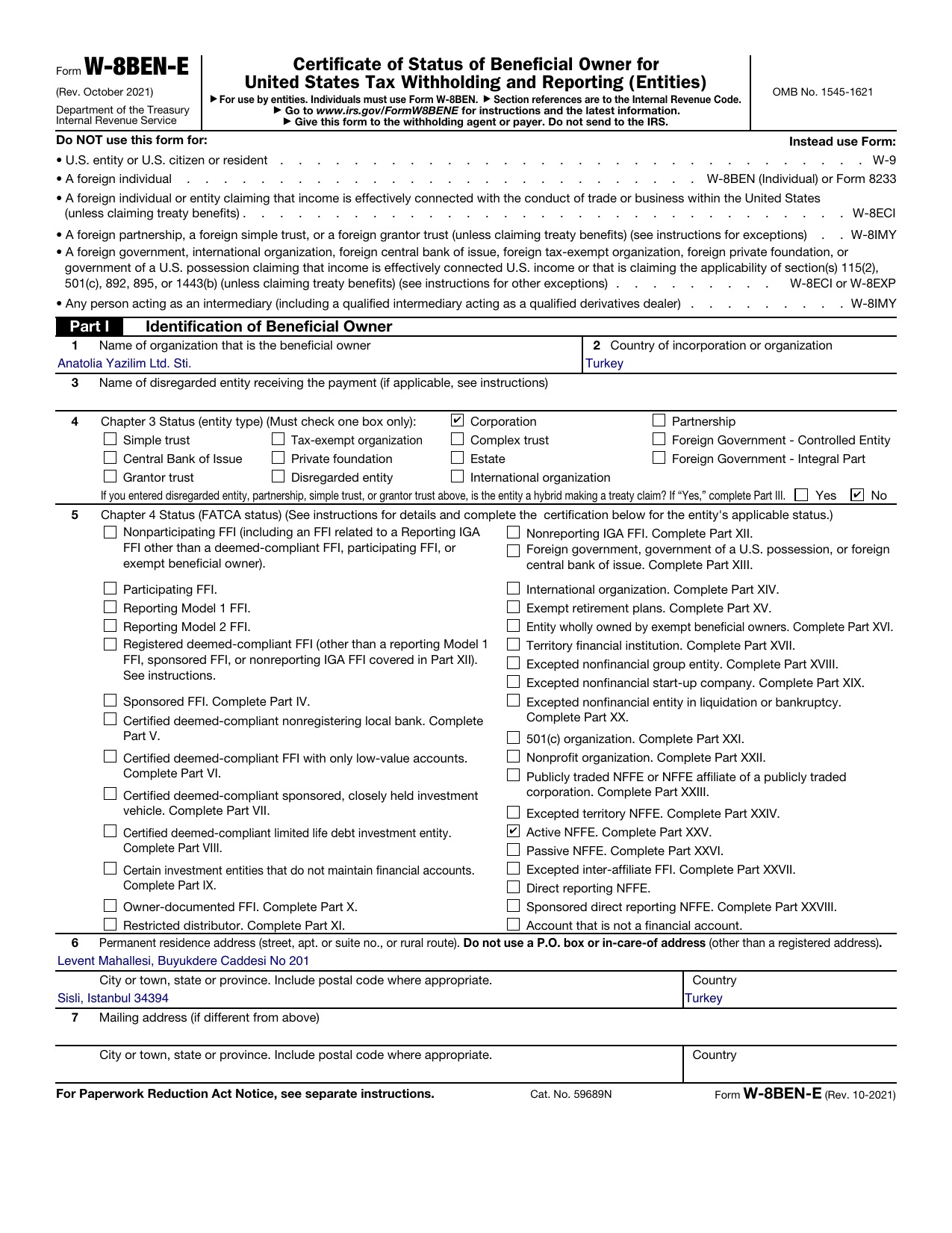 Anatolia Yazılım Ltd. Şti. için doldurulmuş örnek W-8BEN-E, 1. sayfa
