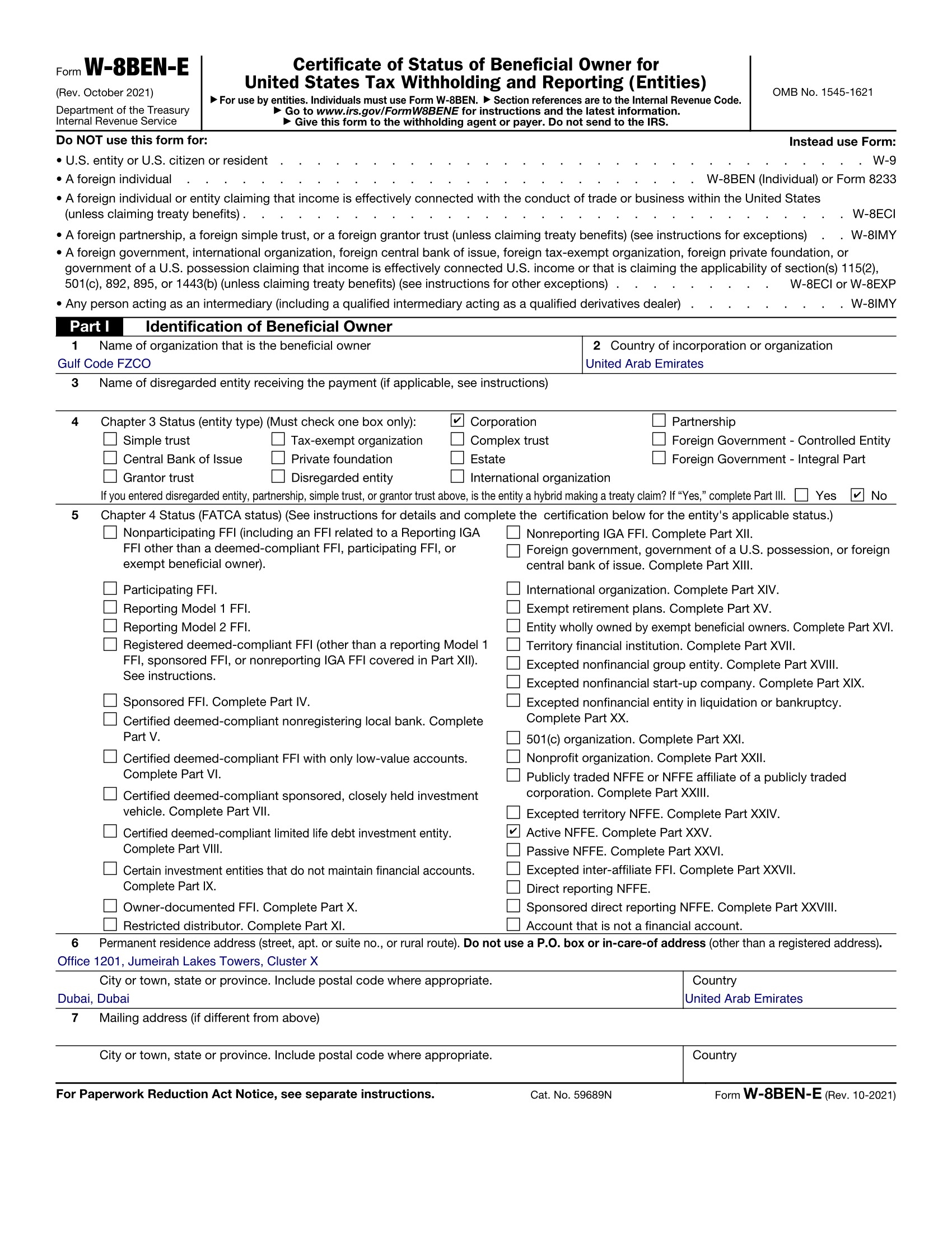 Sample completed Form W-8BEN-E for a fictional UAE FZCO, with Part III left blank