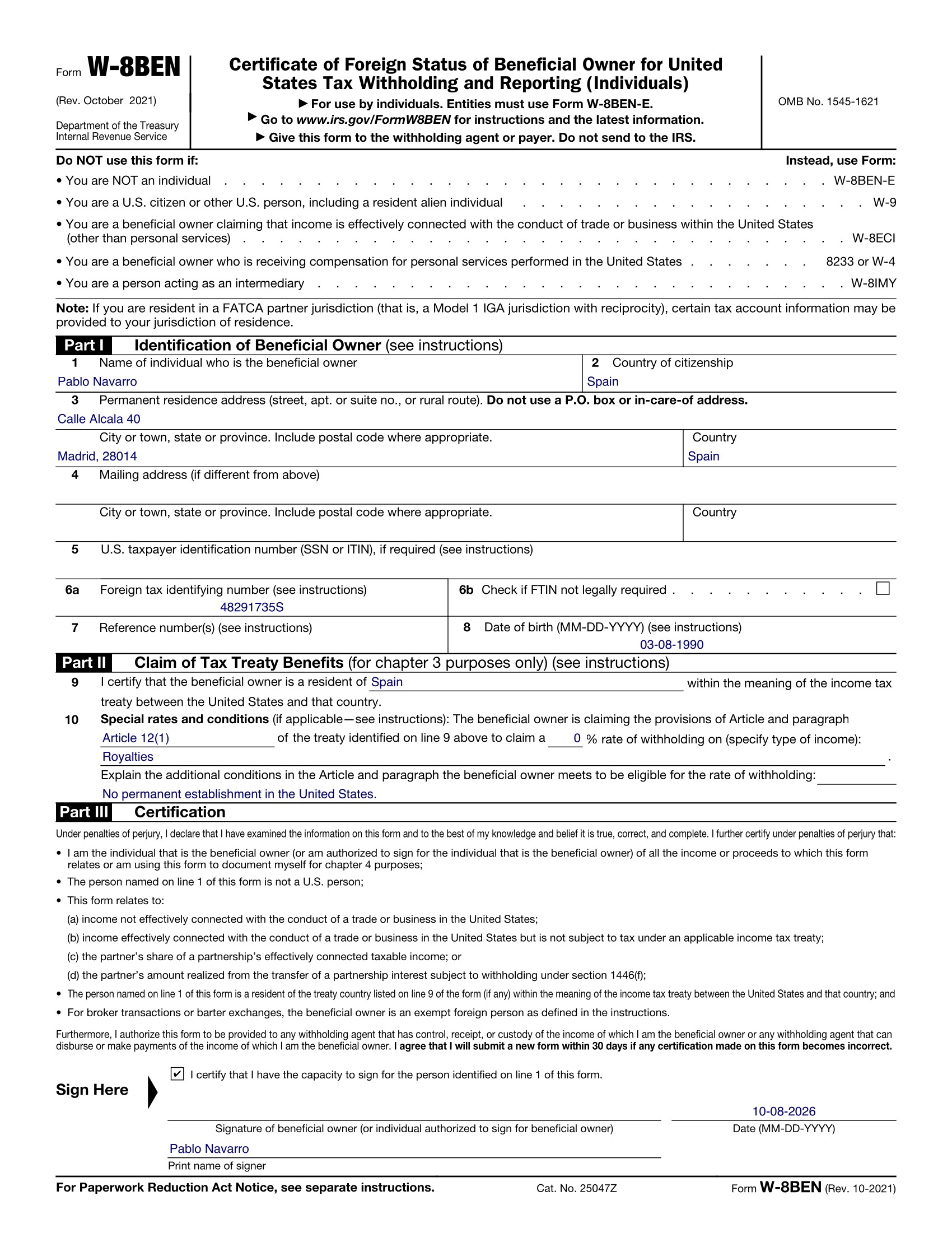 Ejemplo de formulario W-8BEN cumplimentado para un particular residente en España