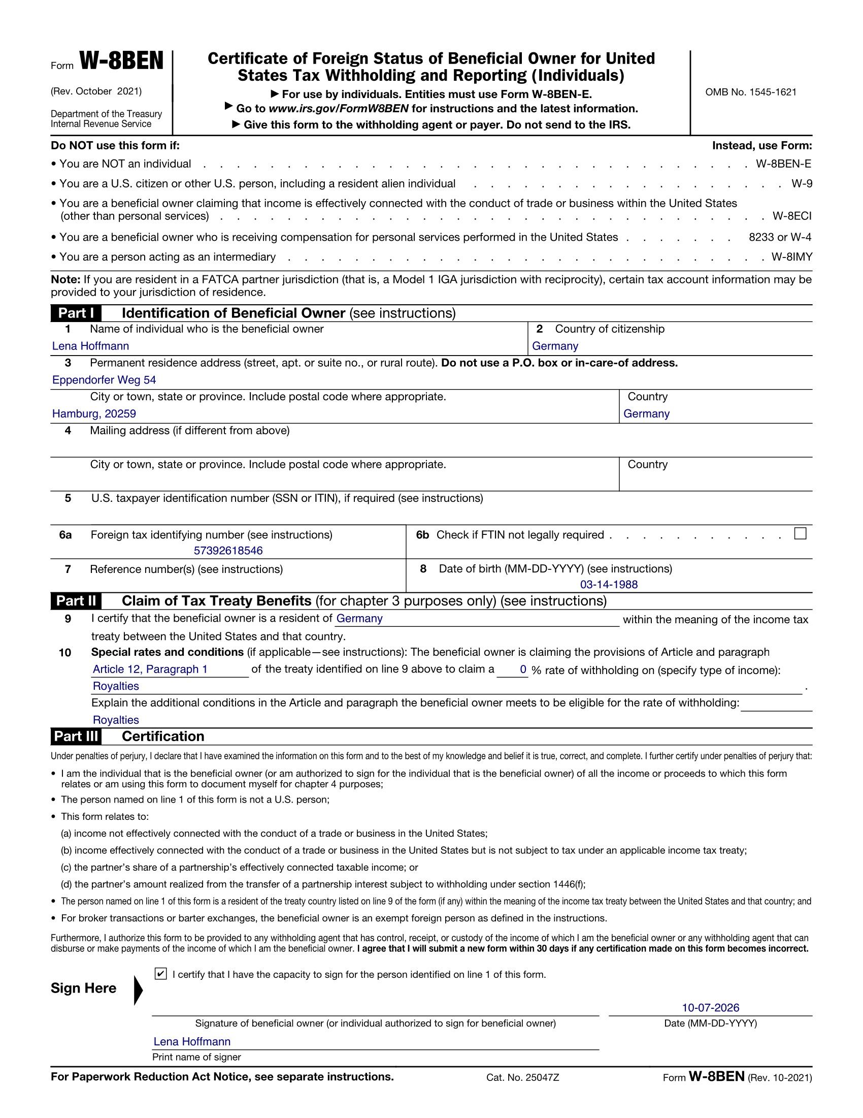 Beispiel IRS Form W-8BEN mit illustrativen Angaben für eine in Deutschland ansässige Person