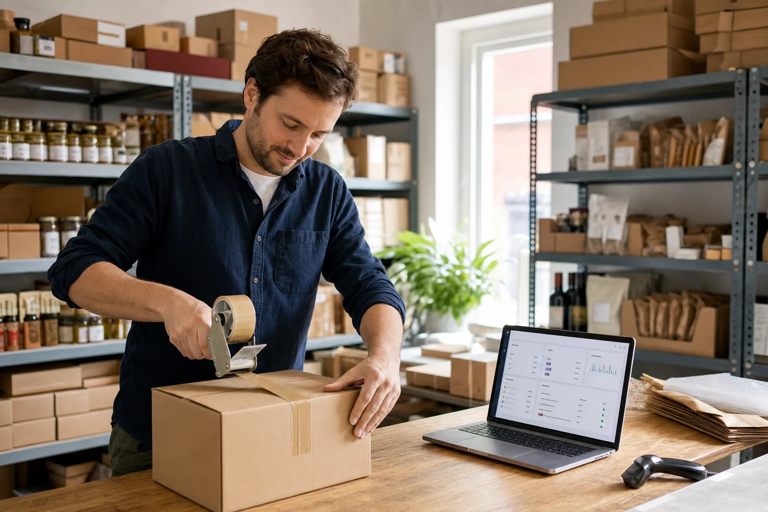 Ein kleines Lager einer deutschen Feinkost-Shopify-Marke in Hamburg, Regale voller verpackter Bestellungen, eine Person klebt einen Versandkarton zu neben einem Laptop mit geöffnetem Shopify-Admin-Dashboard