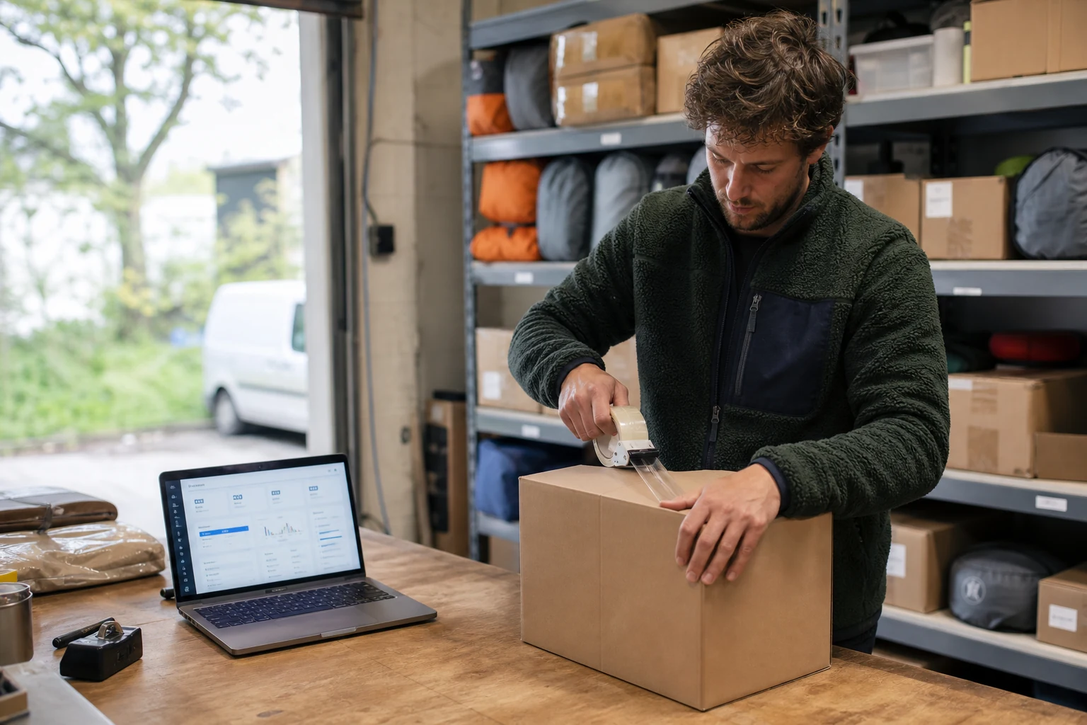 A small warehouse for a UK outdoor-gear Shopify brand in Bristol, shelves stocked with packed orders, a person taping a shipping box beside a laptop showing the Shopify admin dashboard
