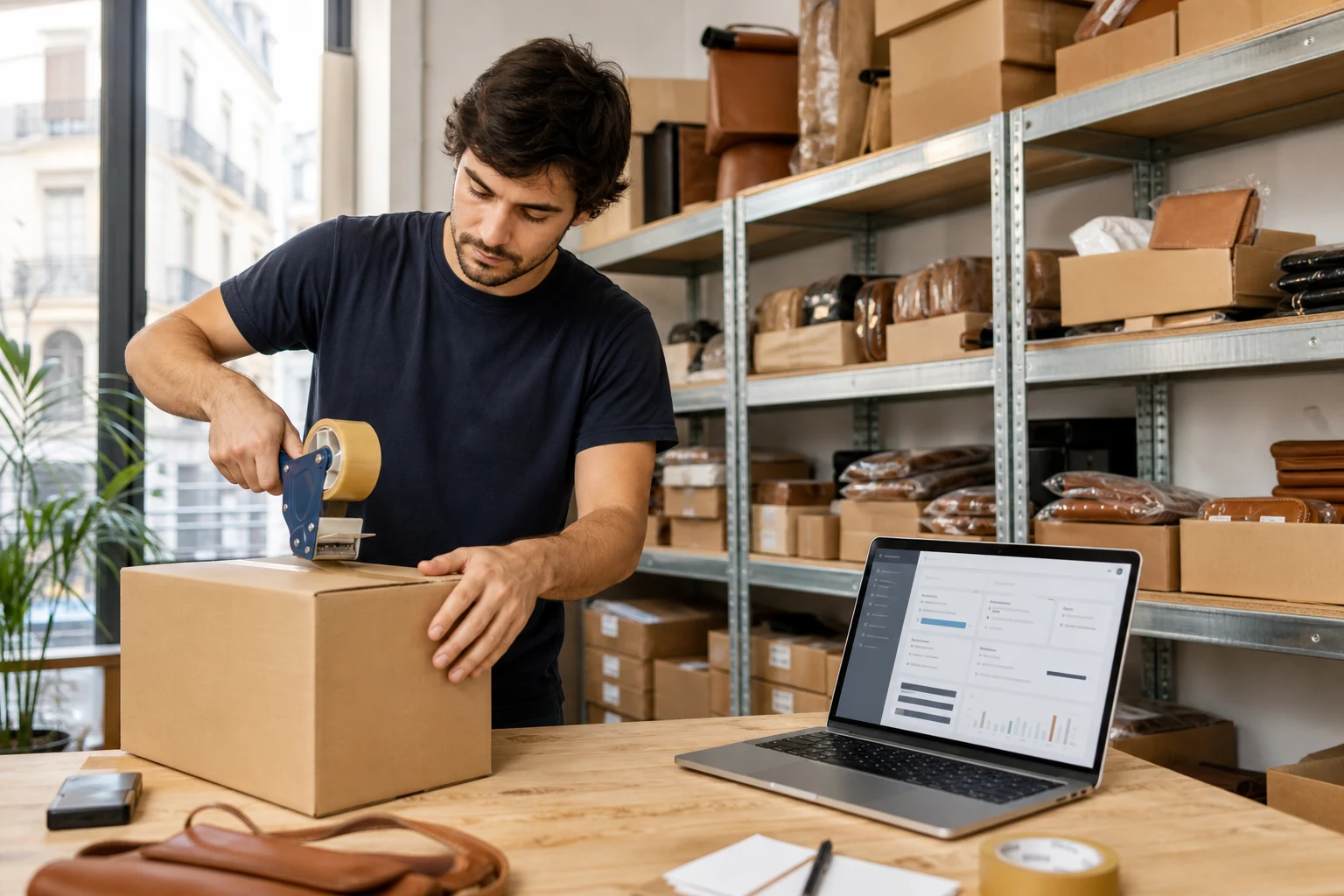 Un pequeño almacén de una marca española de artículos de cuero en Shopify en Valencia, estanterías llenas de pedidos embalados, una persona cerrando con cinta una caja de envío junto a un portátil con el panel de administración de Shopify abierto